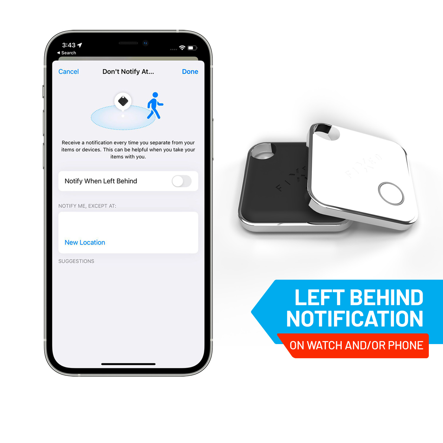 Ein Smartphone zeigt eine App-Benachrichtigung für ein Ortungsgerät, daneben liegen ein schwarzer und ein weißer Tracker.
