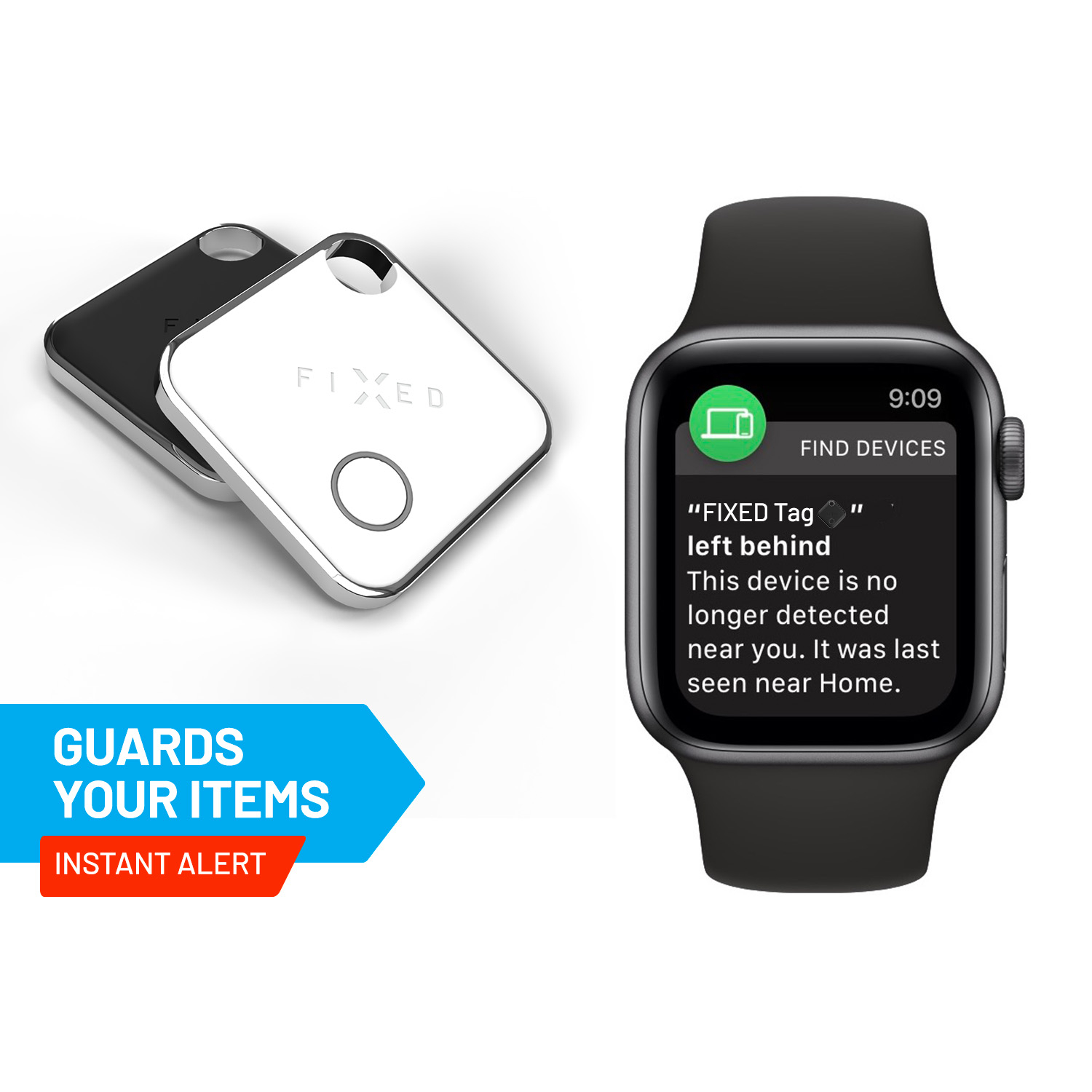 Zwei quadratische Bluetooth-Tracker und eine Smartwatch mit einer Such-App-Benachrichtigung.