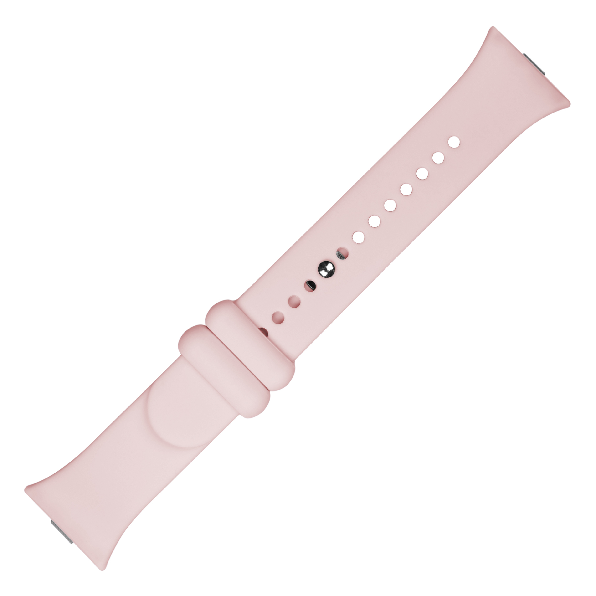 Una correa de reloj de silicona rosa pálido en diagonal sobre fondo blanco, con cierre metálico.