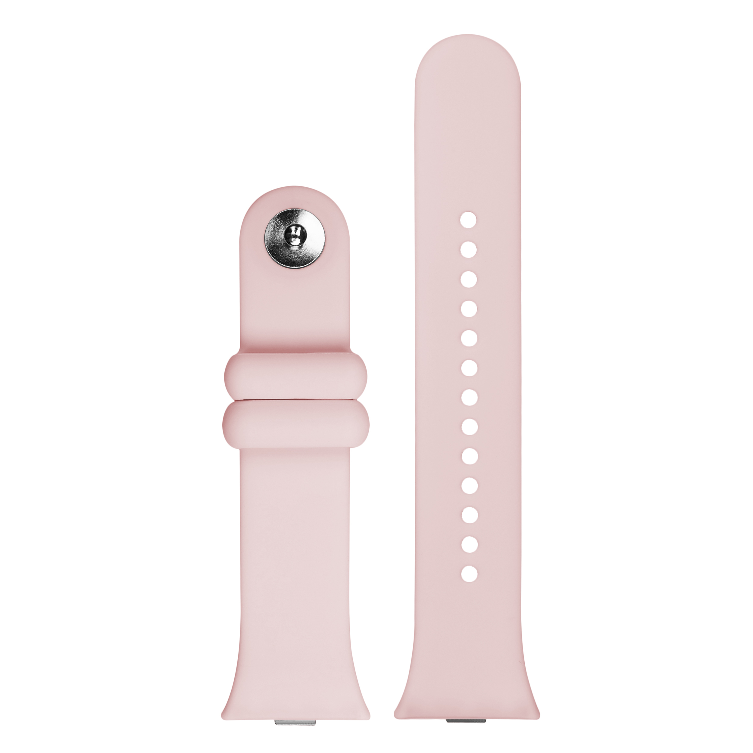Una correa de reloj de silicona rosa claro con botón de cierre plateado y agujeros en fondo blanco.