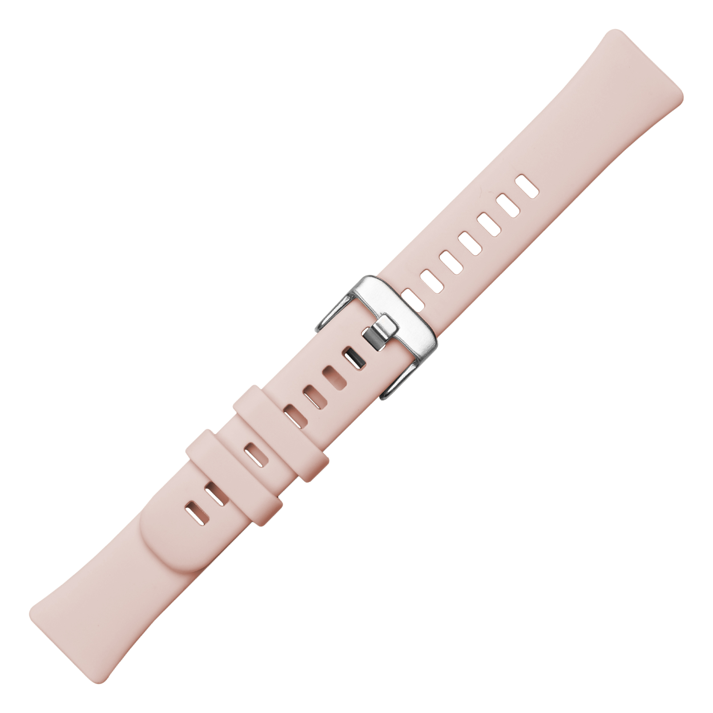 Ein hellrosa Silikon-Uhrenarmband mit silberner Schließe, diagonal auf weißem Hintergrund.