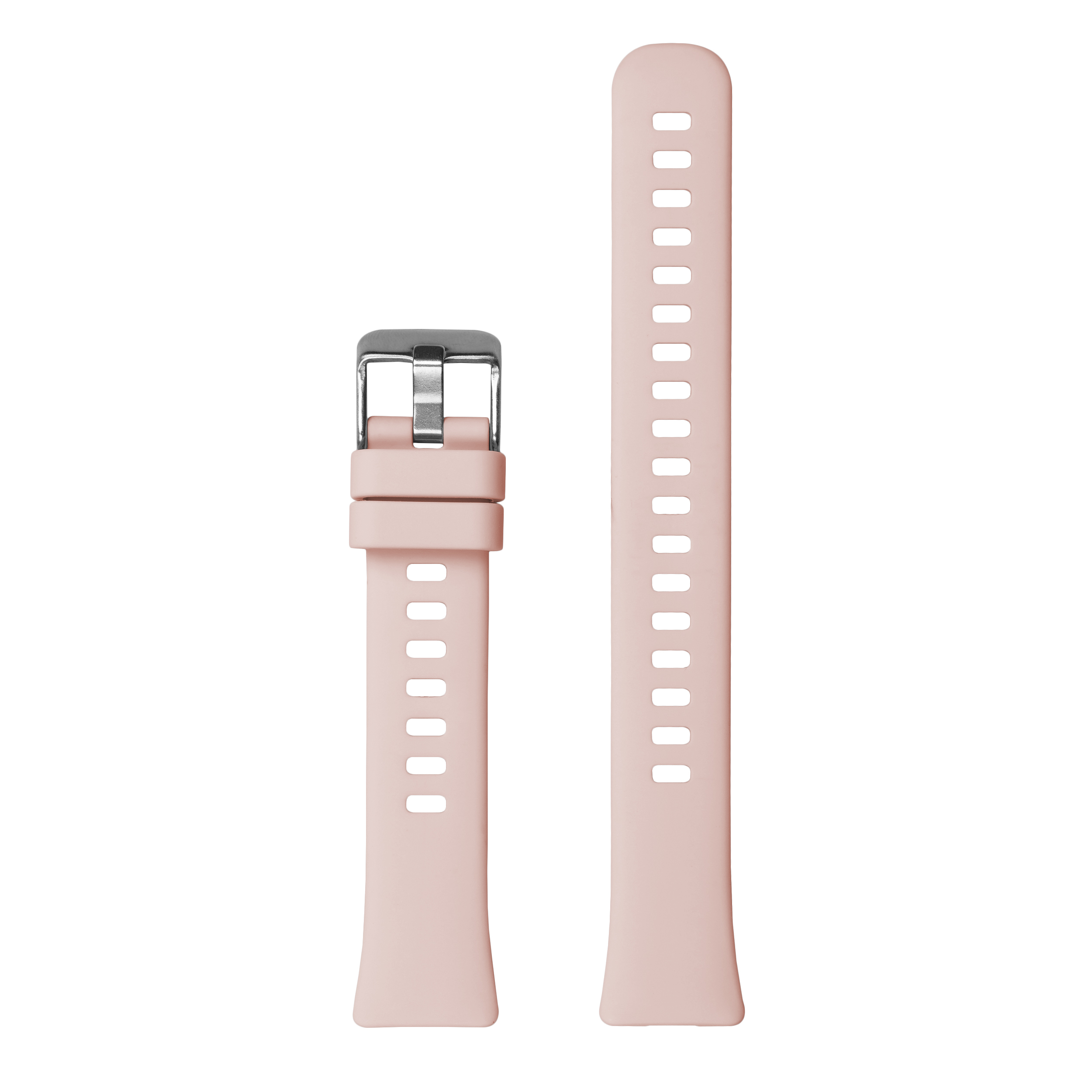 Rosa Silikon-Uhrenarmband mit silberner Schließe und Perforationen.