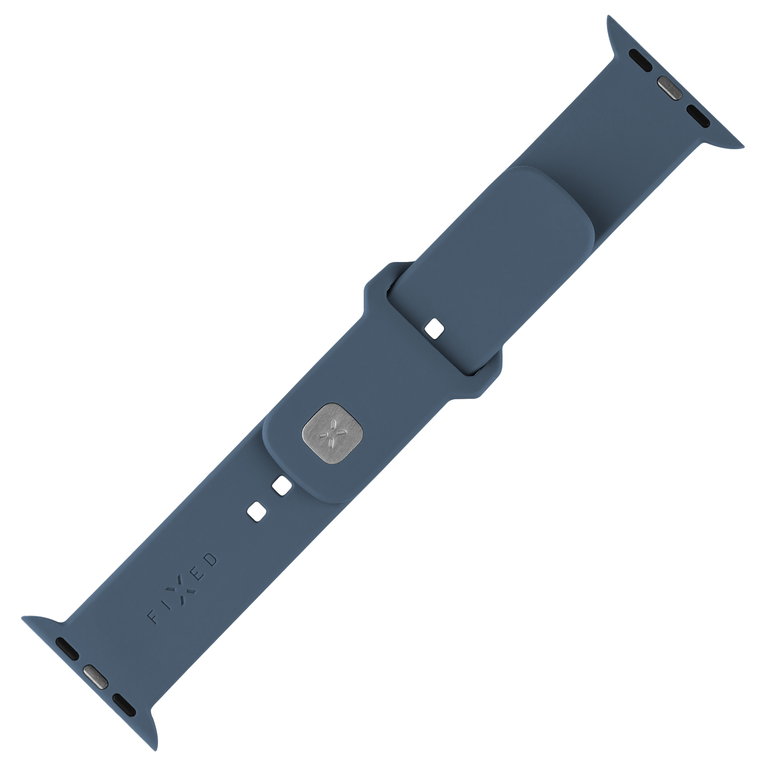 Dunkelblaues Silikon-Uhrenarmband mit silbernem Pin und dem Markenlogo FIXED auf weißem Hintergrund.