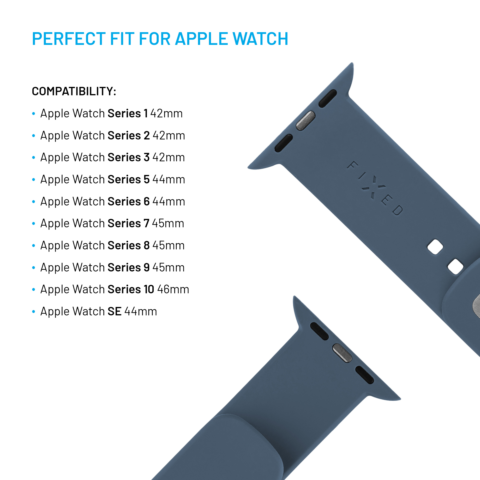 Blaue Silikon Apple Watch Armband Kompatibilitätsliste mit unterstützten Modellen von Serie 1 bis 10 und SE.