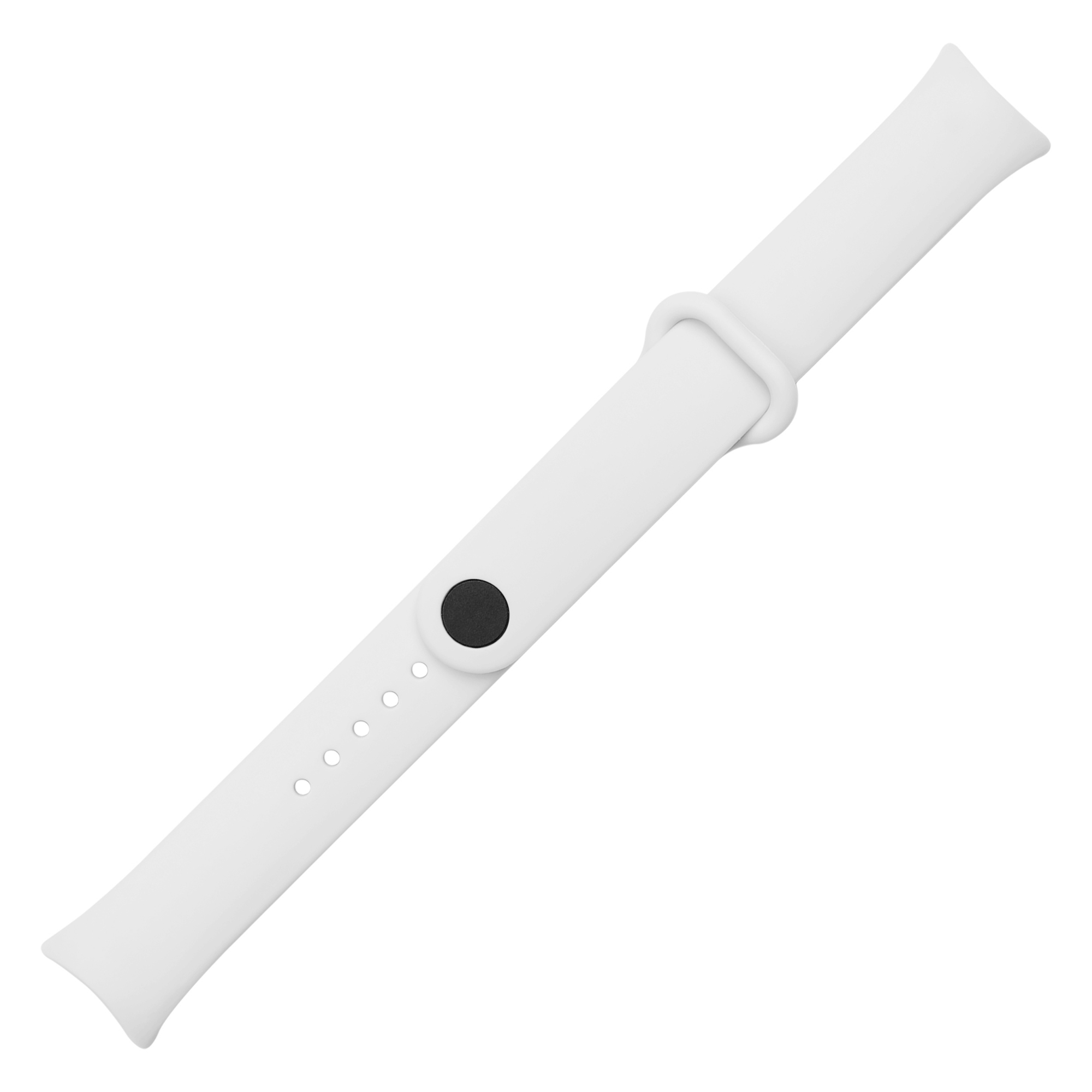 Ein weißes Silikon-Uhrenarmband mit einer schwarzen Verschlussnoppe liegt auf weißem Hintergrund.