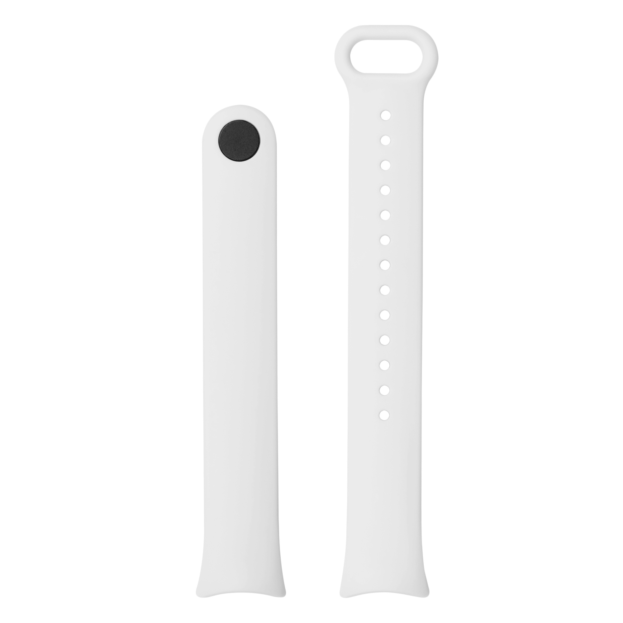 Zwei weiße Smartwatch-Armbänder mit einem schwarzen Knopf und perforierten Löchern auf weißem Hintergrund.