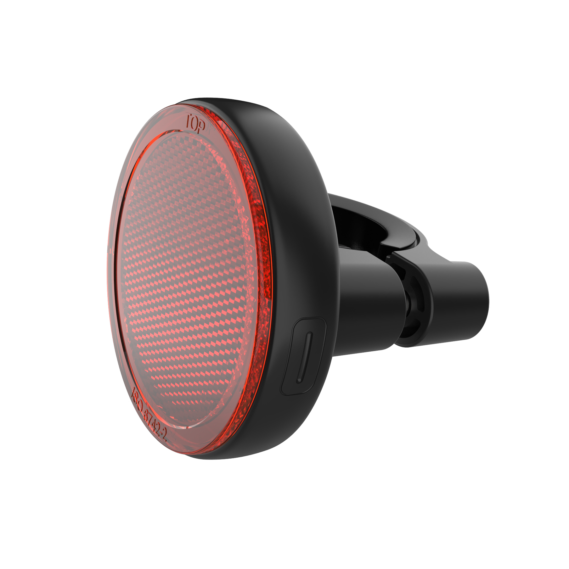 Schwarzes Fahrradrücklicht mit roter Reflektorlinse und Halterung.