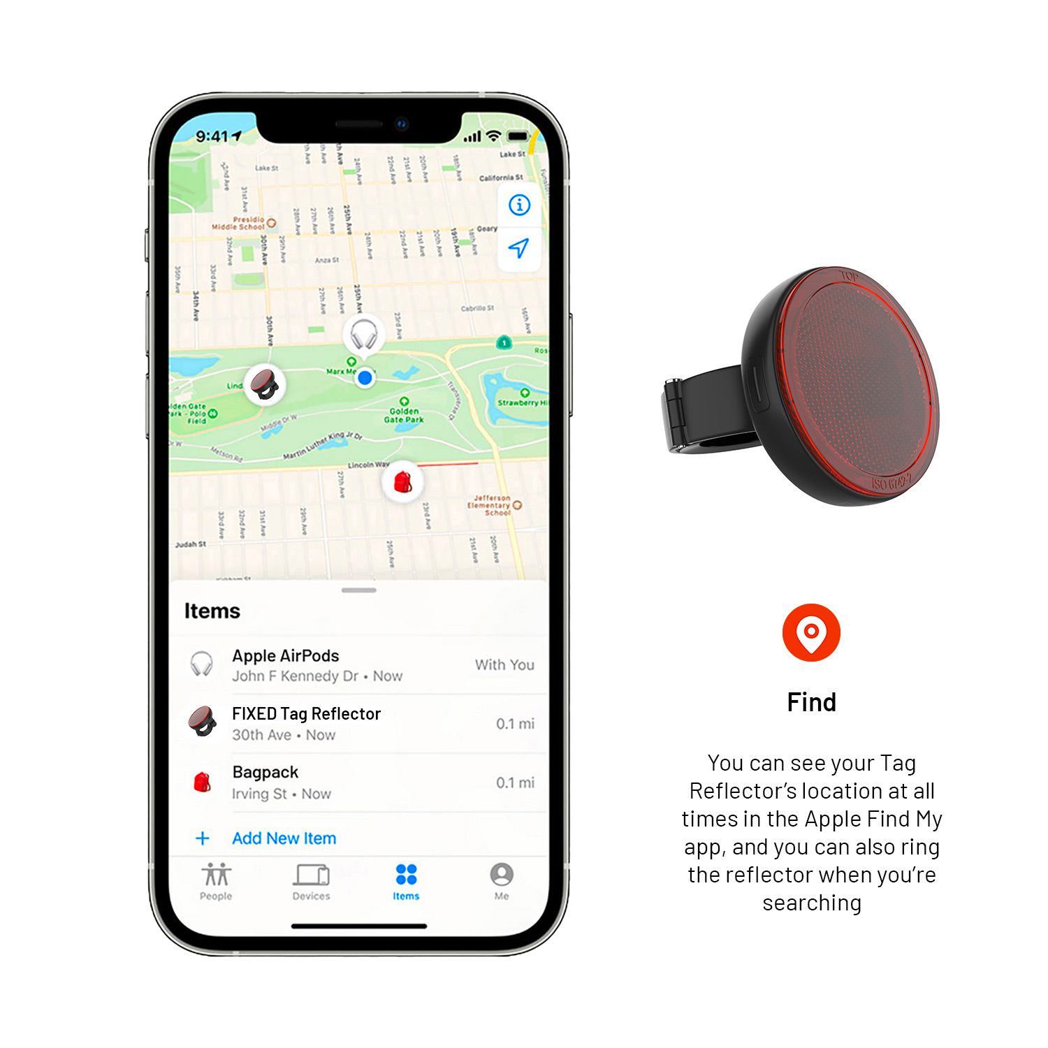 Smartphone mit Apple Find My App zeigt den Standort eines Reflektors, daneben ein roter Fahrrad-Reflektor.