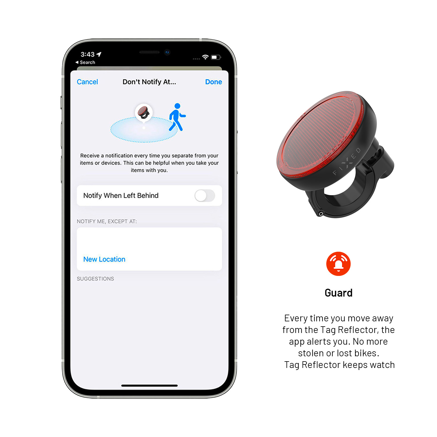 Smartphone mit App-Alarmeinstellungen neben einem schwarz-roten Fahrrad-Tag-Reflektor.