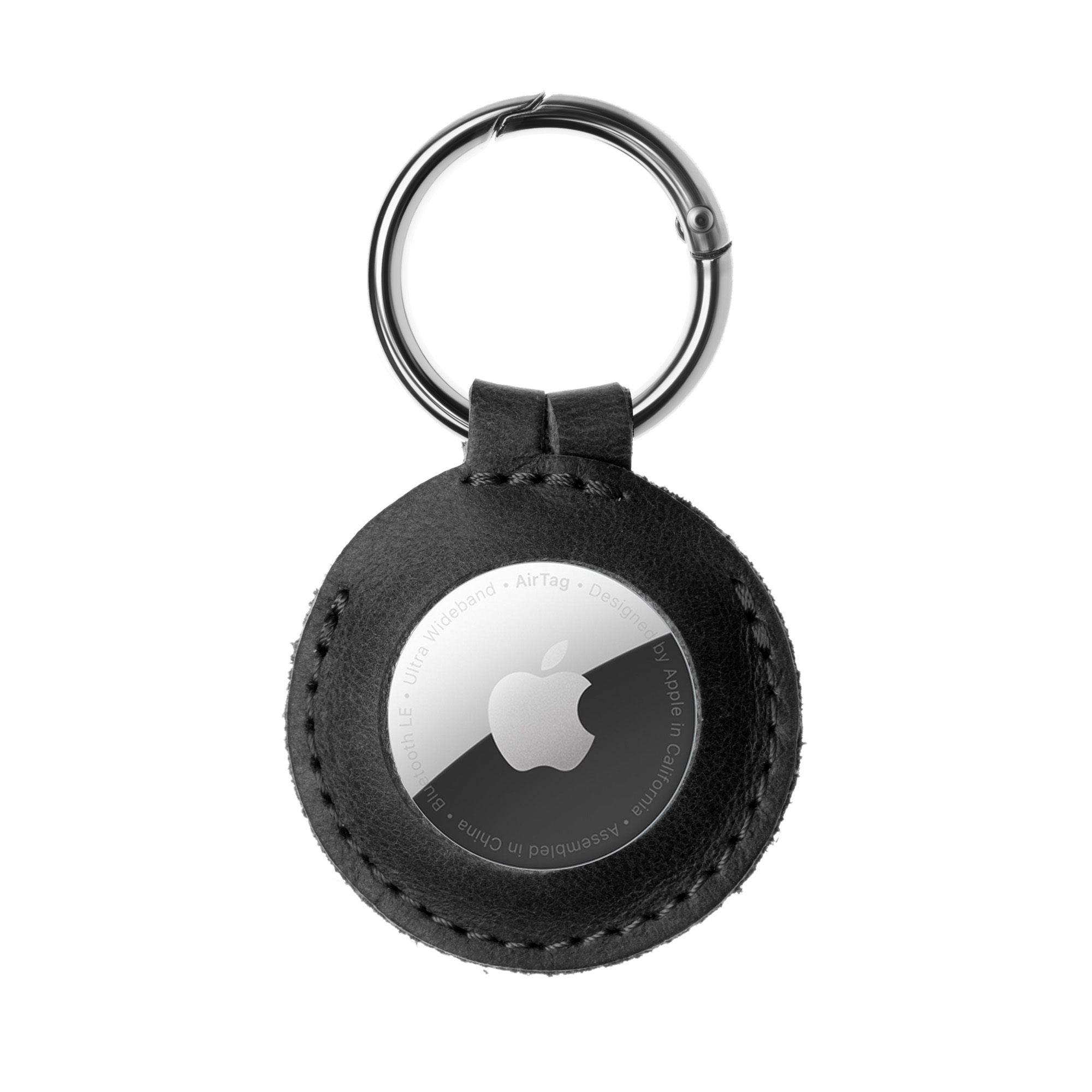 Ein schwarzer Leder-Schlüsselanhänger mit integriertem Apple AirTag und silbernem Metallring.