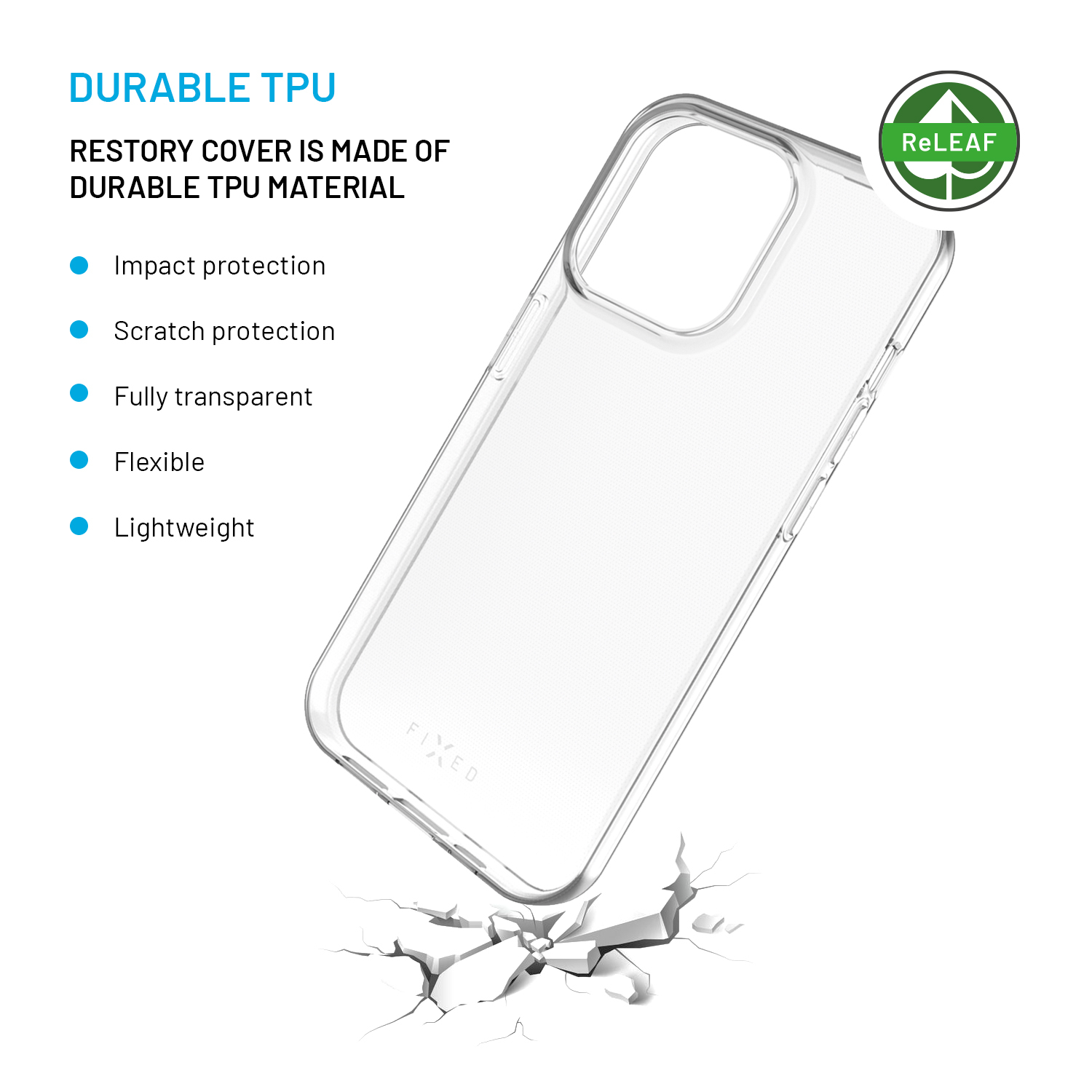 Transparente TPU-Handyhülle mit Schutzfunktionen und ReLEAF-Logo.