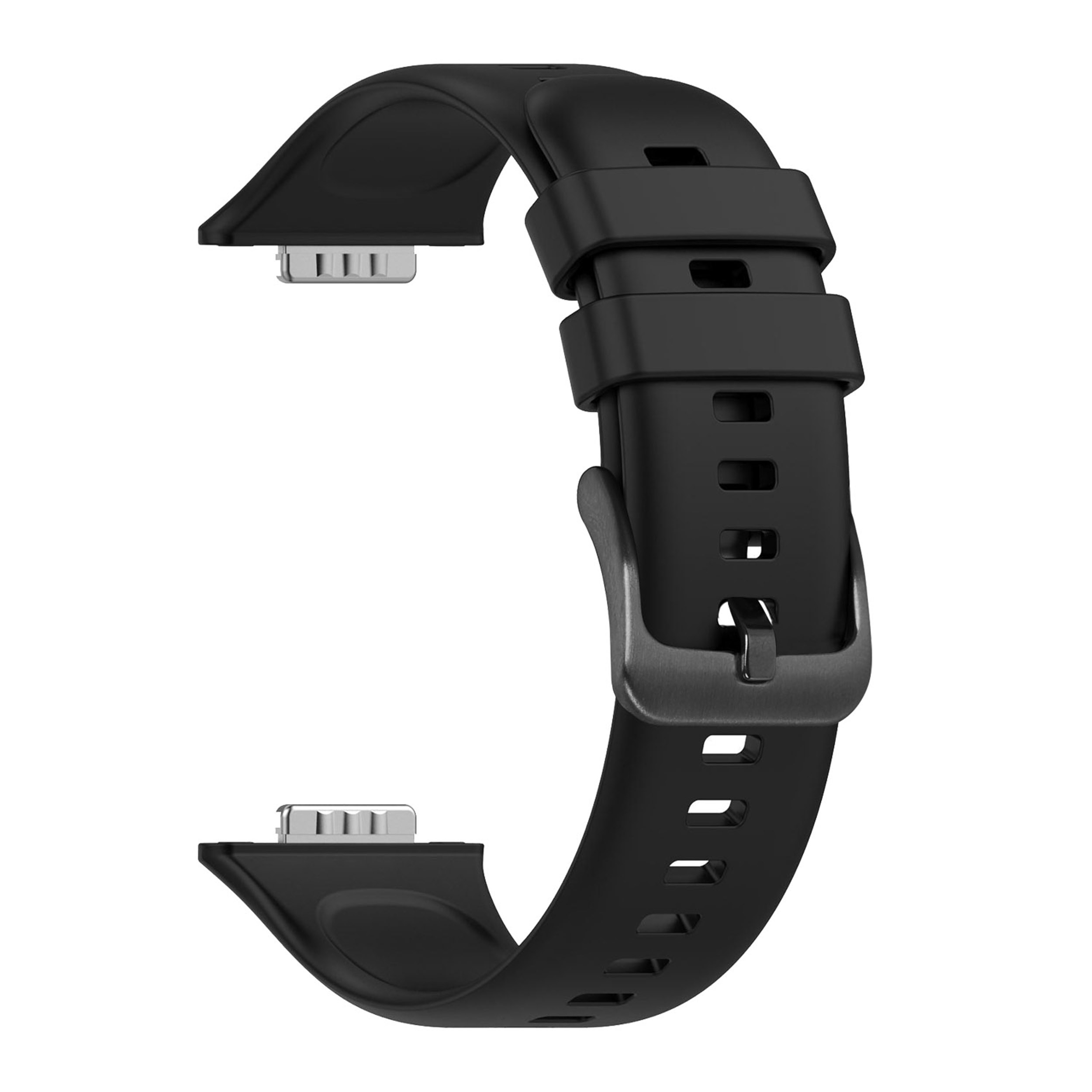 Ein gebogenes schwarzes Silikon-Smartwatch-Armband mit silberner Schließe und Befestigungsclips auf weißem Hintergrund.