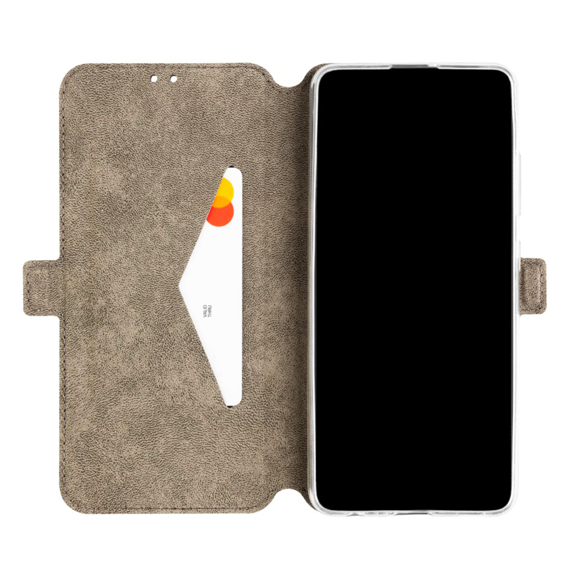Ein graues Leder-Klappetui für Mobiltelefone mit offenem Deckel, einer Kreditkarte und einem Smartphone im inneren Kunststoffhalter.