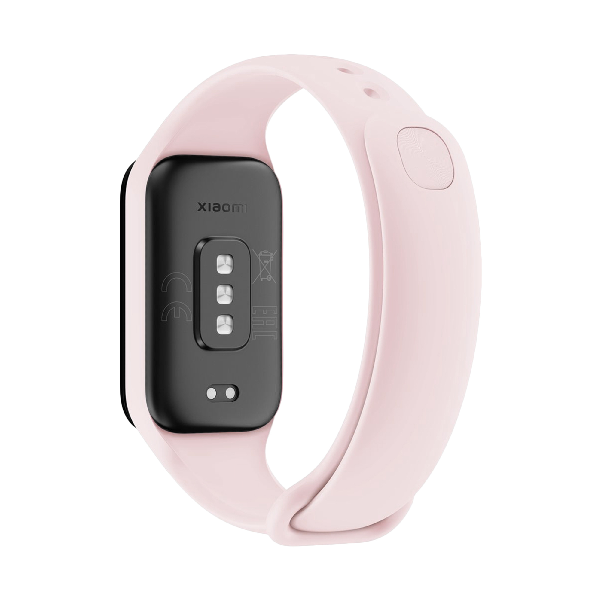 Rückseite eines rosa Fitnessarmbands mit Sensoren auf schwarzem Hintergrund und dem Xiaomi-Logo.