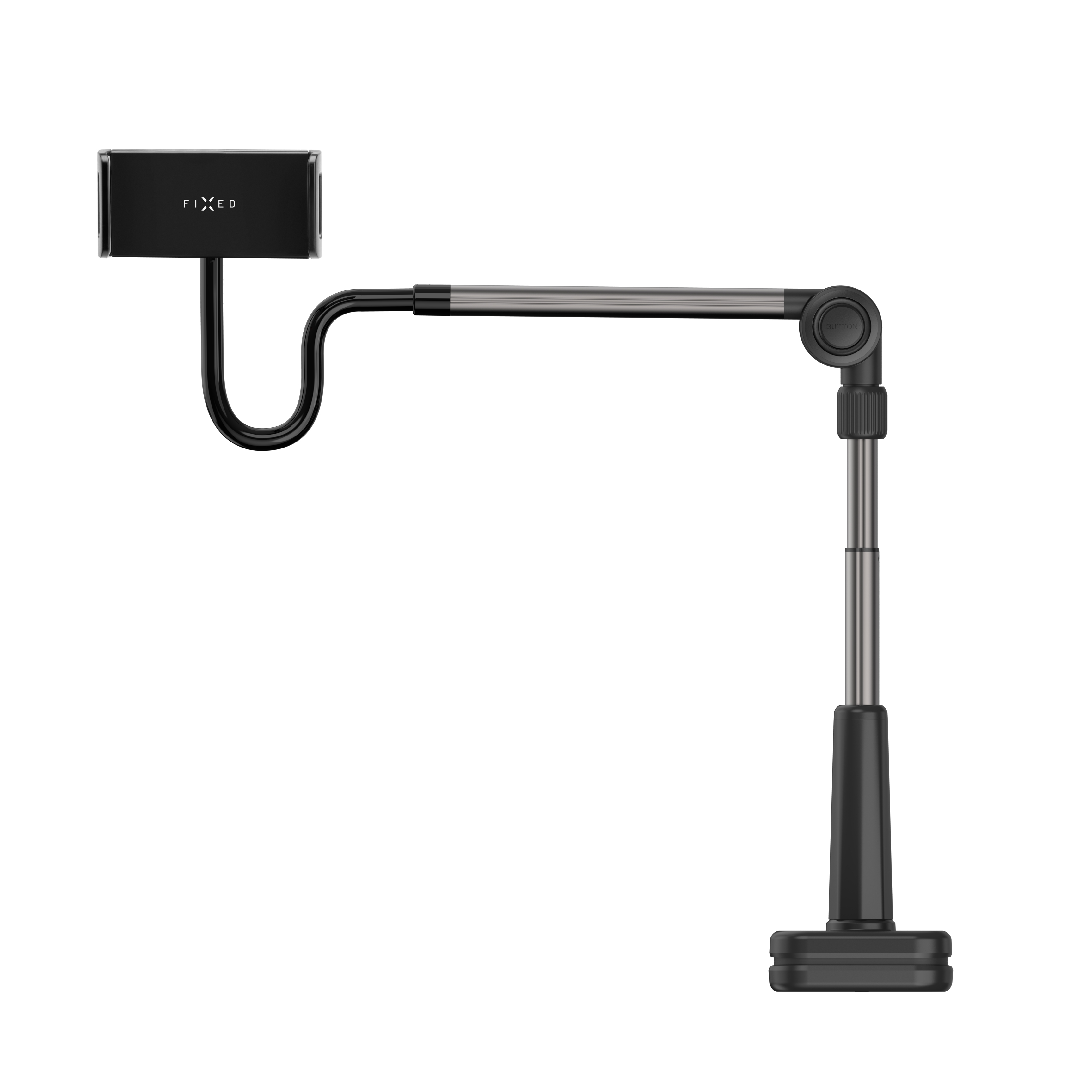 Ein schwarz-silberner Tisch-Telefonhalter mit verstellbarem, flexiblem Arm und Klemmsockel vor weißem Hintergrund.