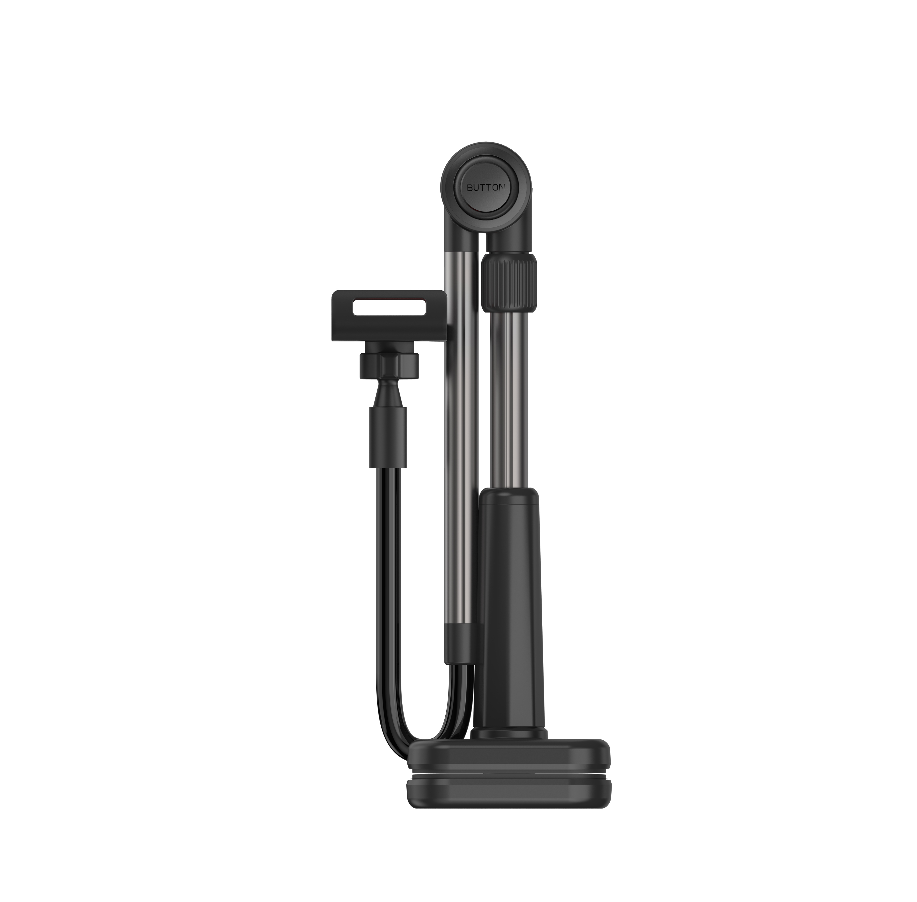 Schwarze Bodenpumpe mit integriertem Manometer und langem Schlauch auf weißem Hintergrund.