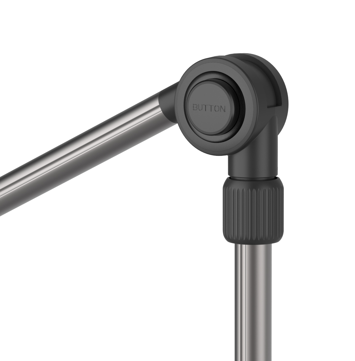 Schwenkbarer Arm mit schwarzem Knopf und geripptem Verschluss auf Metallstangen gegen weißen Hintergrund.