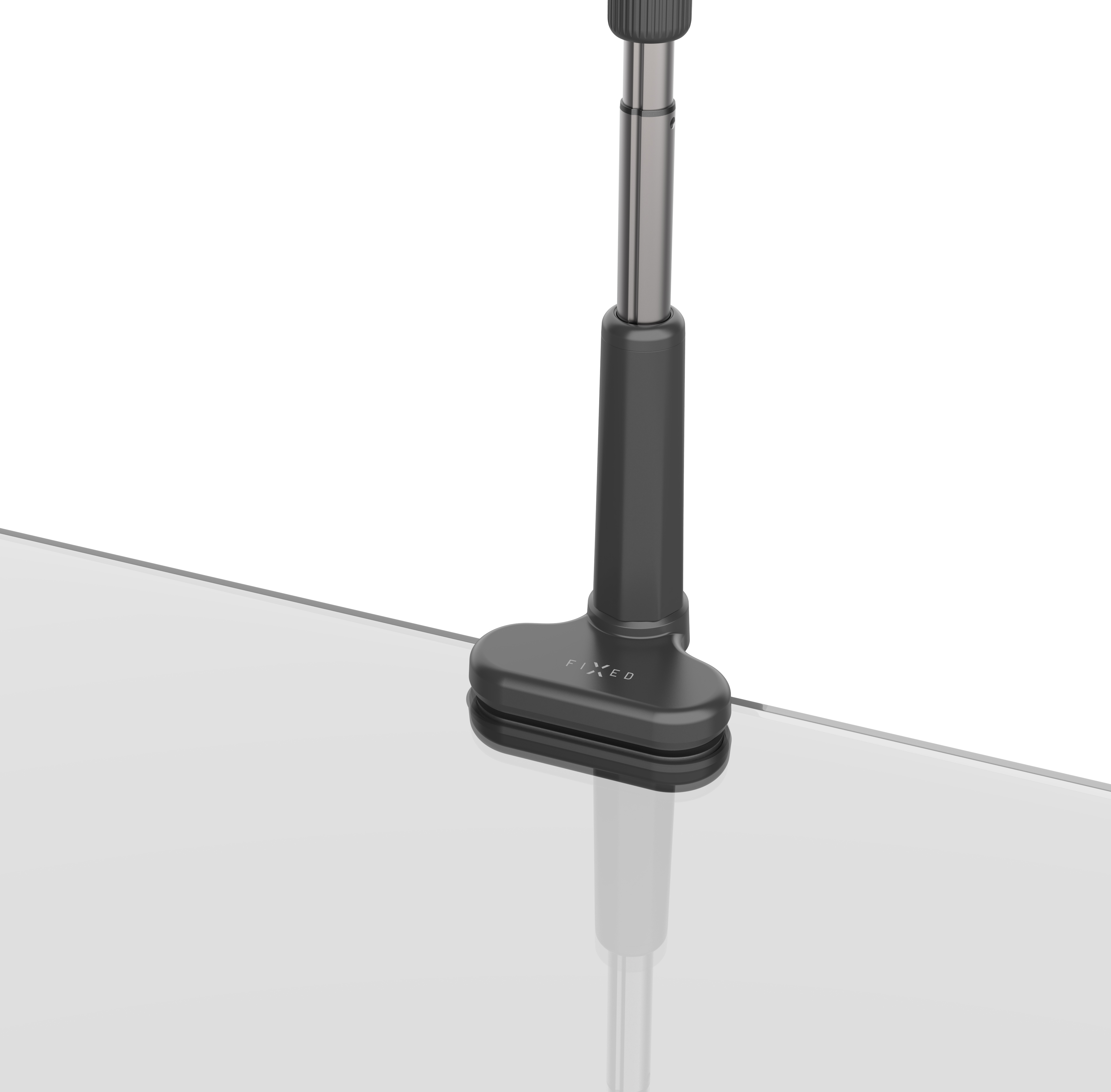 Eine schwarz-silberne Teleskophalterung steht senkrecht auf einer glatten, reflektierenden Glasfläche.