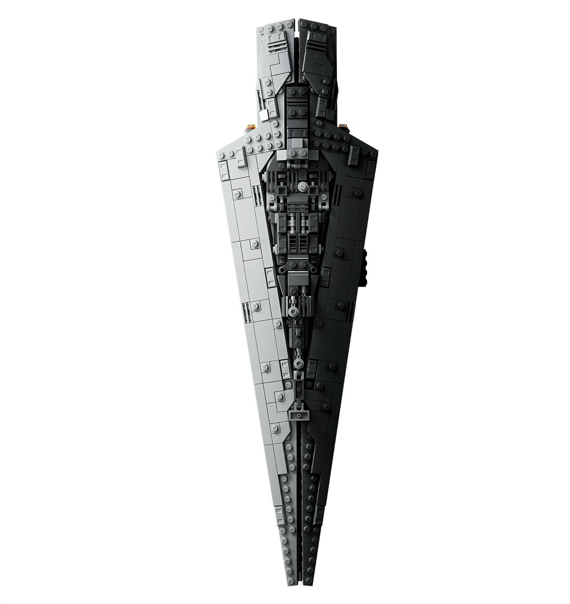 Ein graues Lego-Raumschiff mit spitzer V-Form und strukturiertem Aufbau auf weißem Hintergrund.