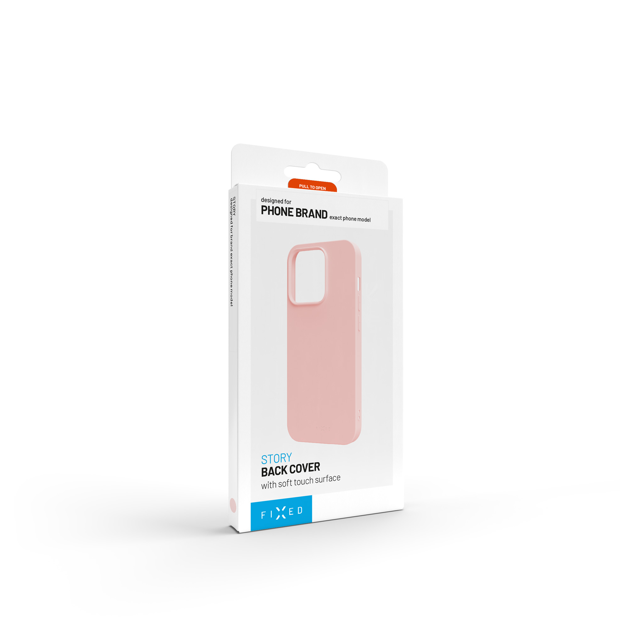Eine weiße Verpackung für eine rosafarbene Smartphone-Hülle, Story Back Cover, auf weißem Hintergrund.