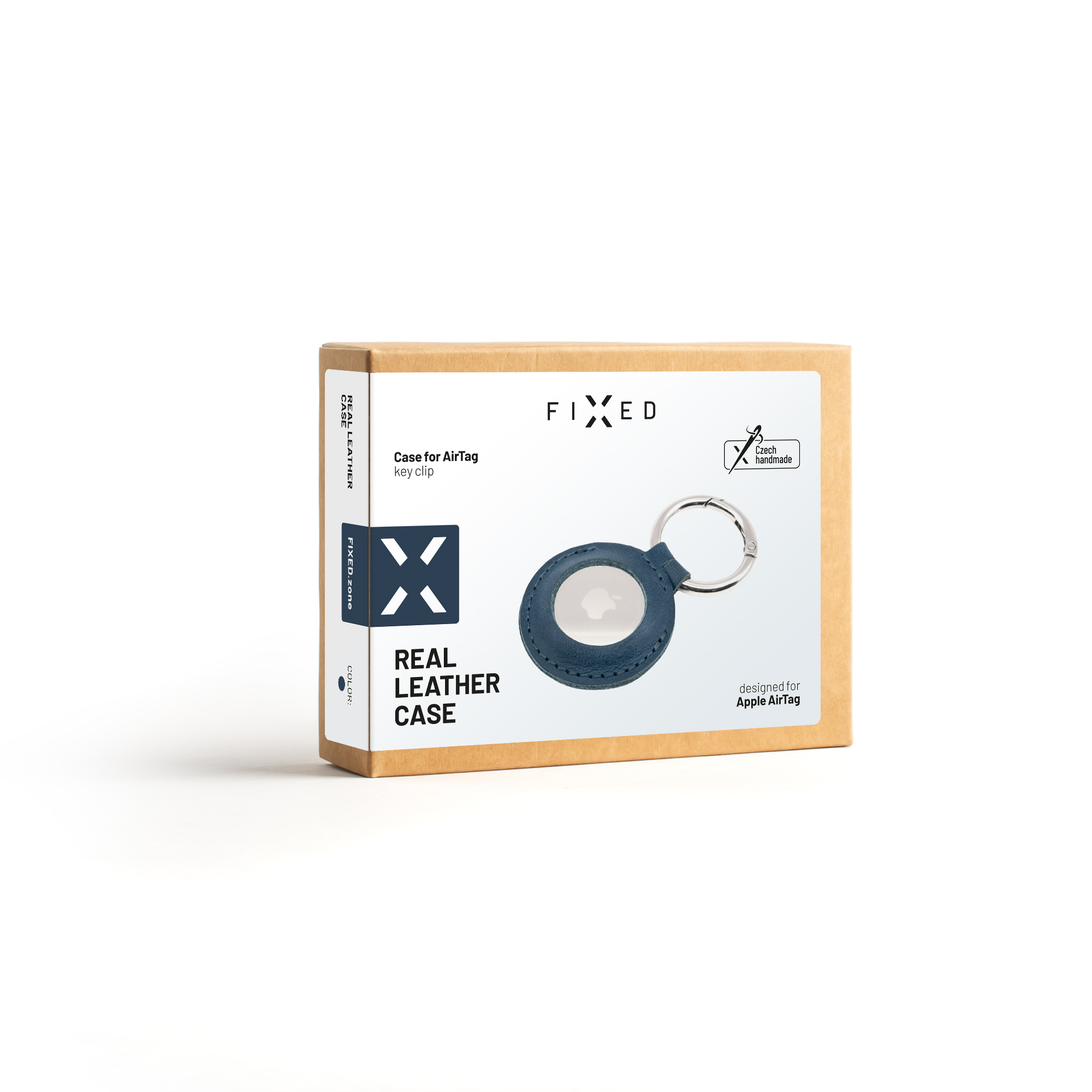 Verpackung einer blauen Echtleder-Schlüsselanhänger-Hülle für Apple AirTag von FIXED auf weißem Hintergrund.