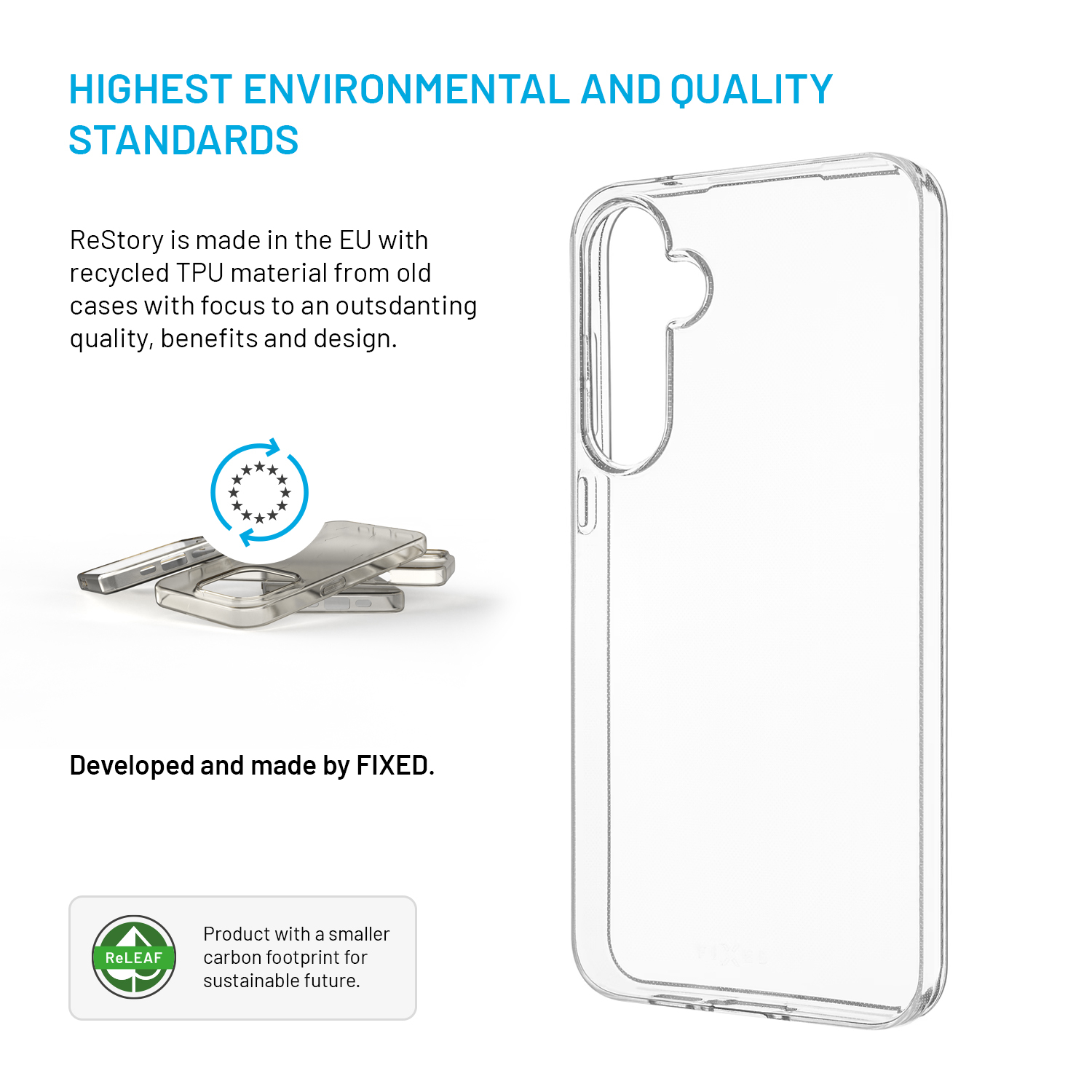 Transparente Schutzhülle aus recyceltem TPU mit Text zu Umweltstandards und Nachhaltigkeit.