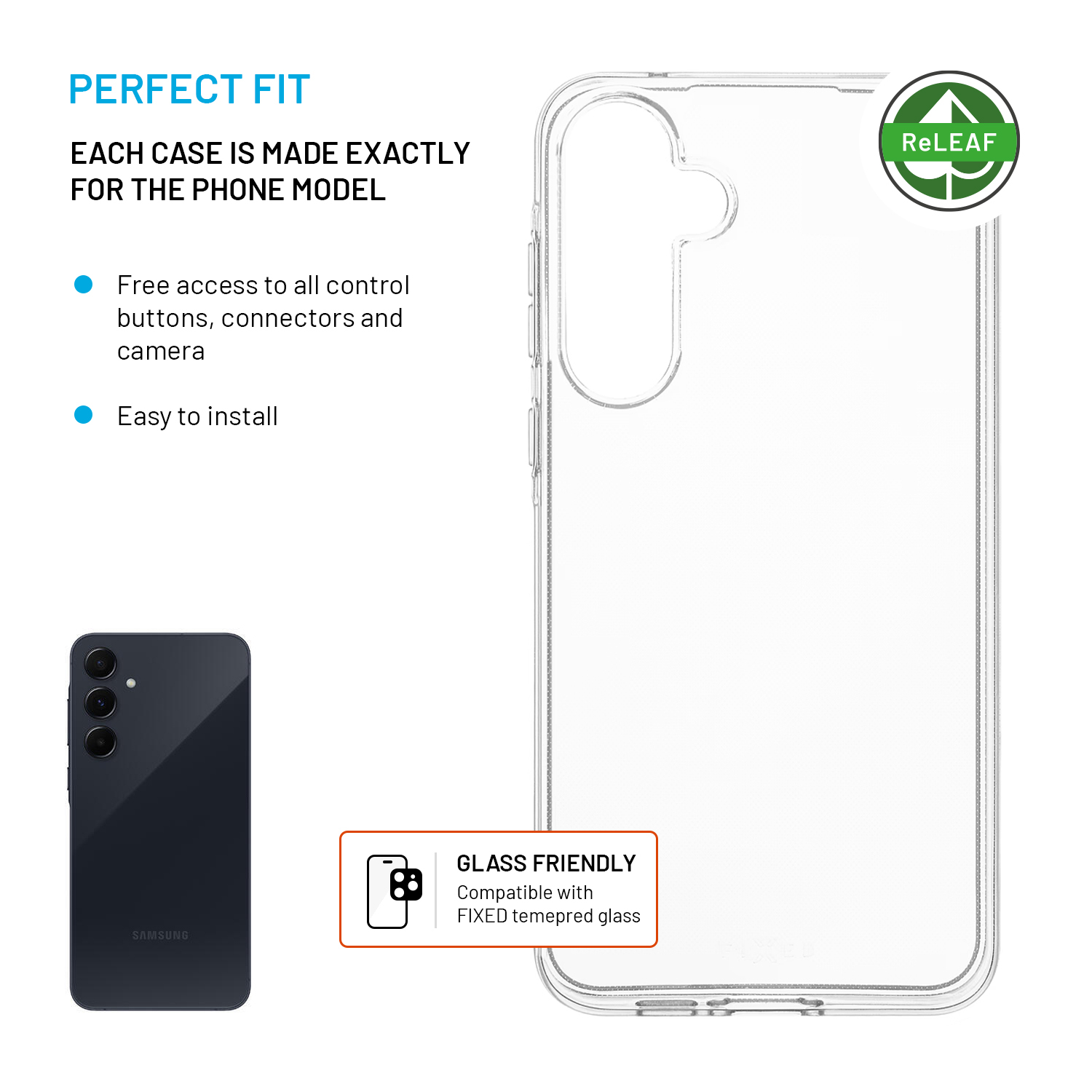 Transparente Handyschutzhülle mit Text zu Passform und Glasverträglichkeit neben einem schwarzen Smartphone.