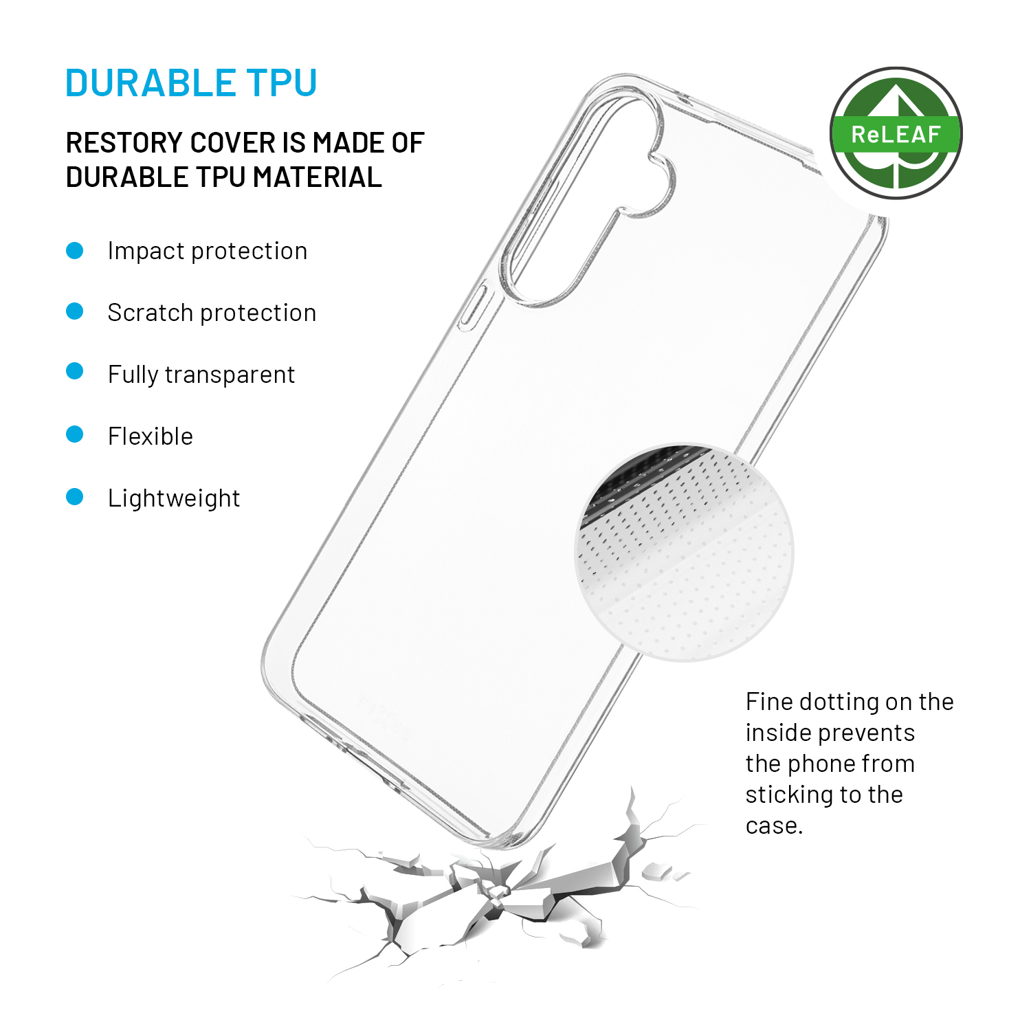 Transparente TPU-Handyhülle mit Stoßschutz und Textbeschreibung auf weißem Hintergrund.