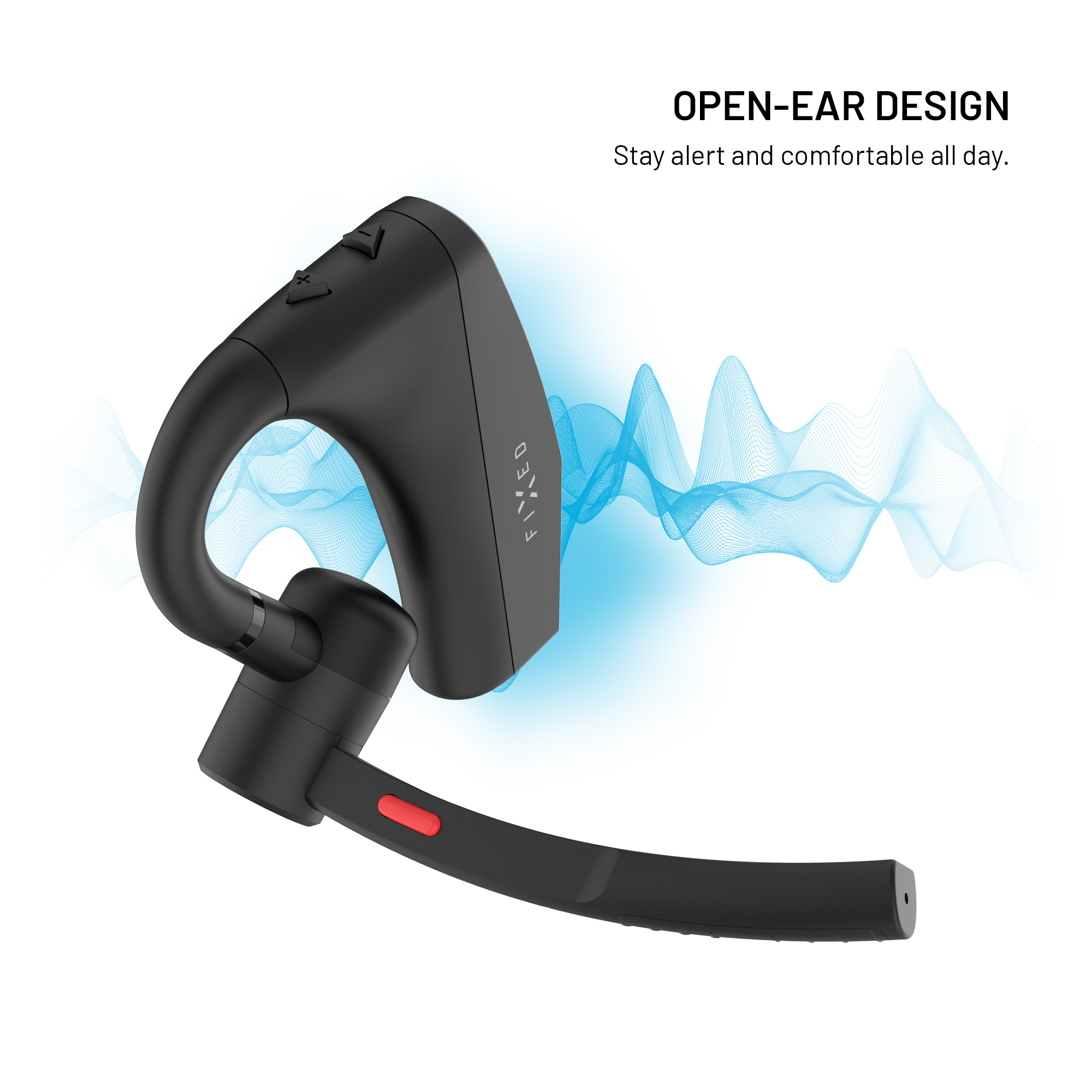 Ein schwarzes Open-Ear-Headset mit Mikrofonarm und blauen Schallwellen im Hintergrund.