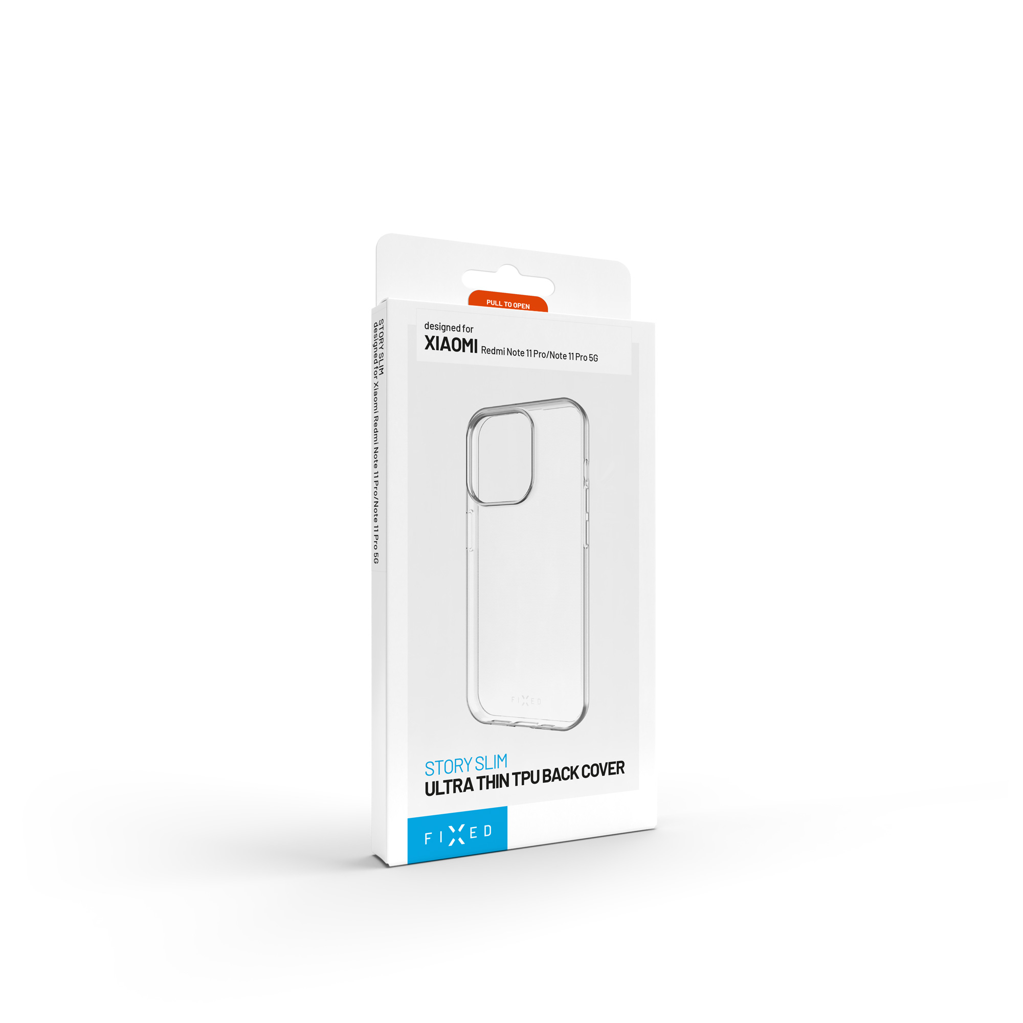 Weiße und blaue Verpackung für eine ultradünne TPU-Handyhülle für Xiaomi Redmi Note 11 Pro.