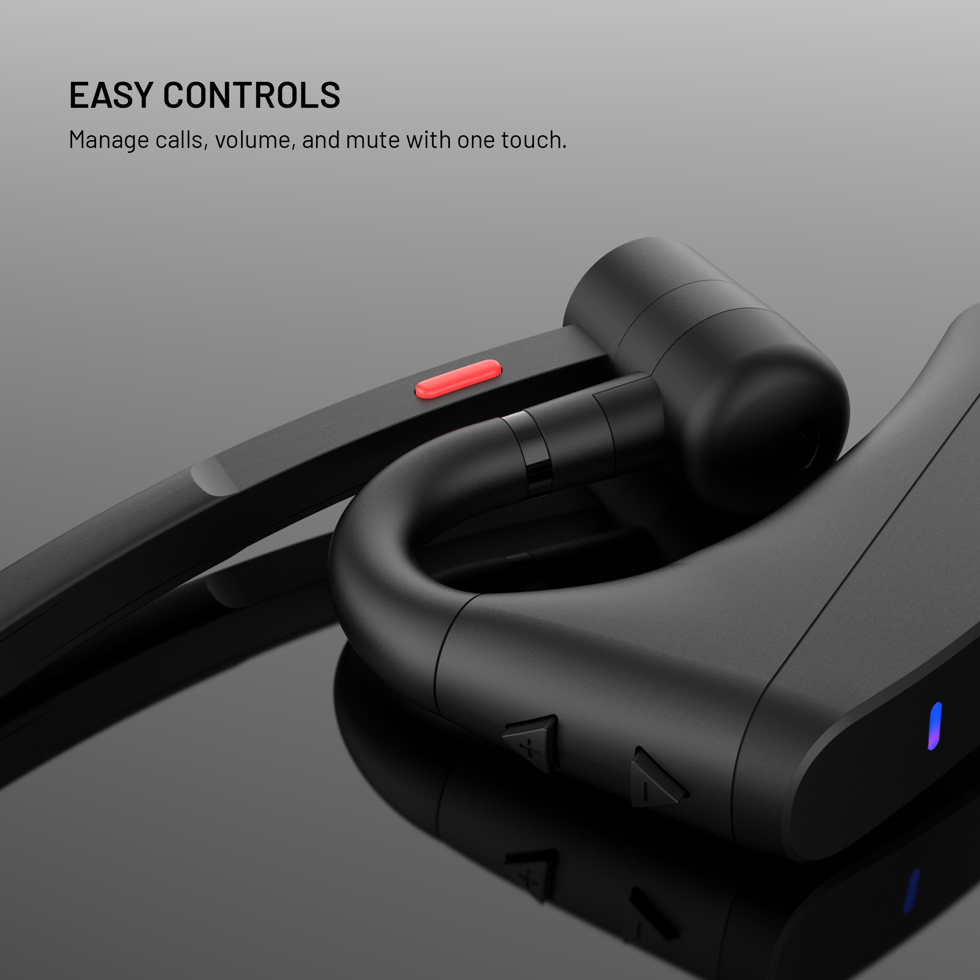 Ein schwarzes Bluetooth-Headset mit einfacher Bedienung, rotem Mute-Knopf und Lautstärkereglern.