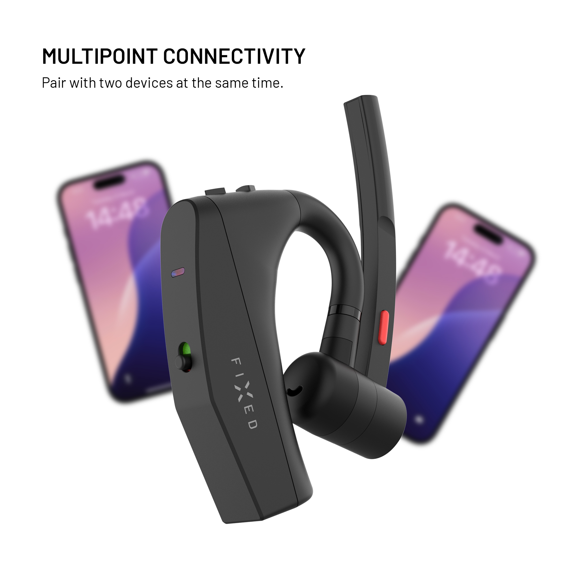 Ein schwarzes Bluetooth-Headset ist zentral platziert mit verschwommenen Smartphones im Hintergrund.