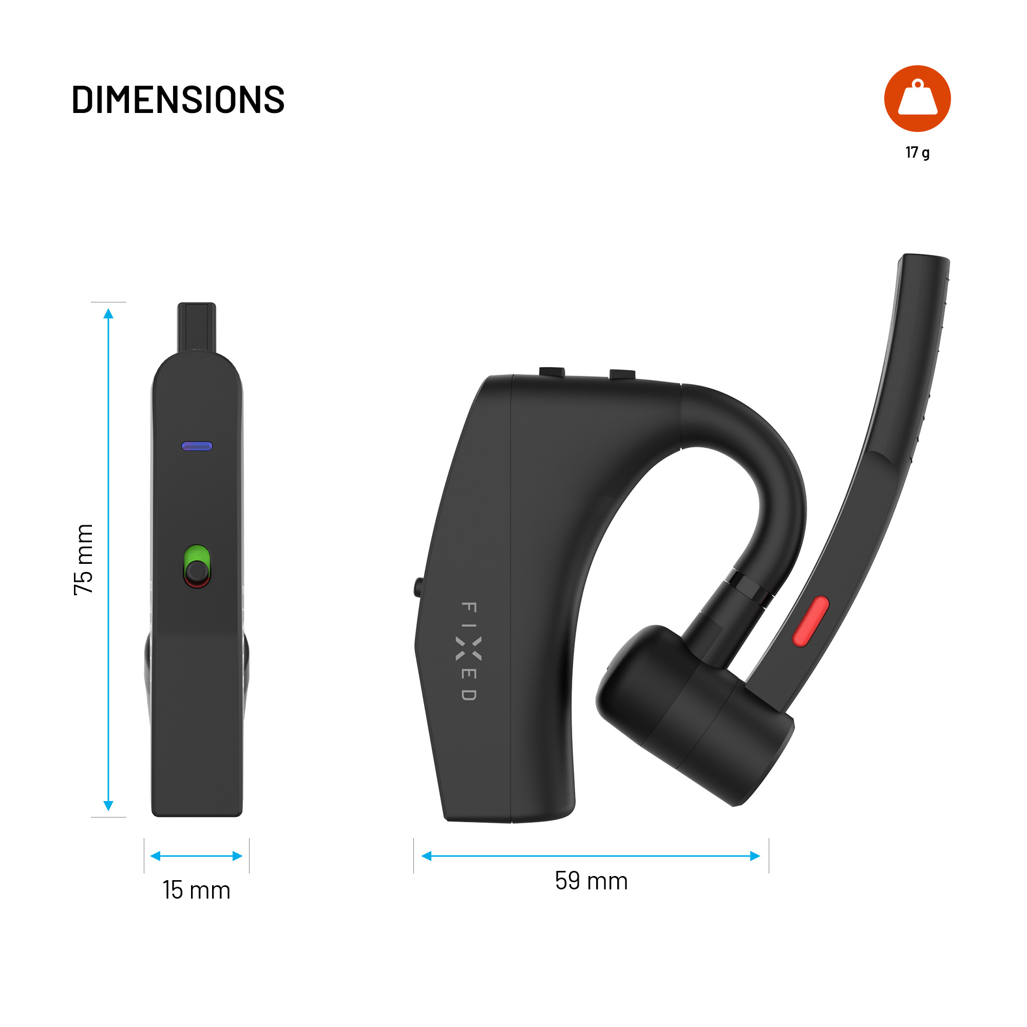 Diagramm mit Maßen eines schwarzen Bluetooth-Headsets: Höhe 75mm, Breite 15mm, Länge 59mm, Gewicht 17g.