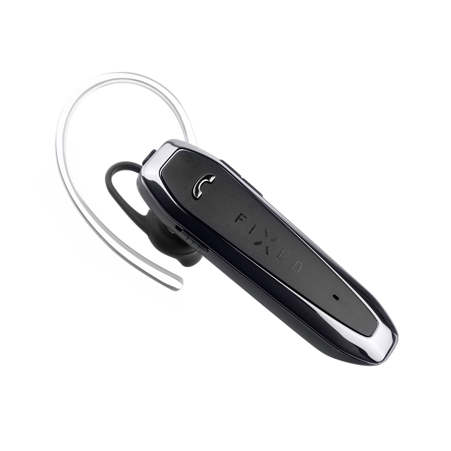 Ein schwarzes Bluetooth-Headset mit einem transparenten Ohrbügel auf weißem Hintergrund.