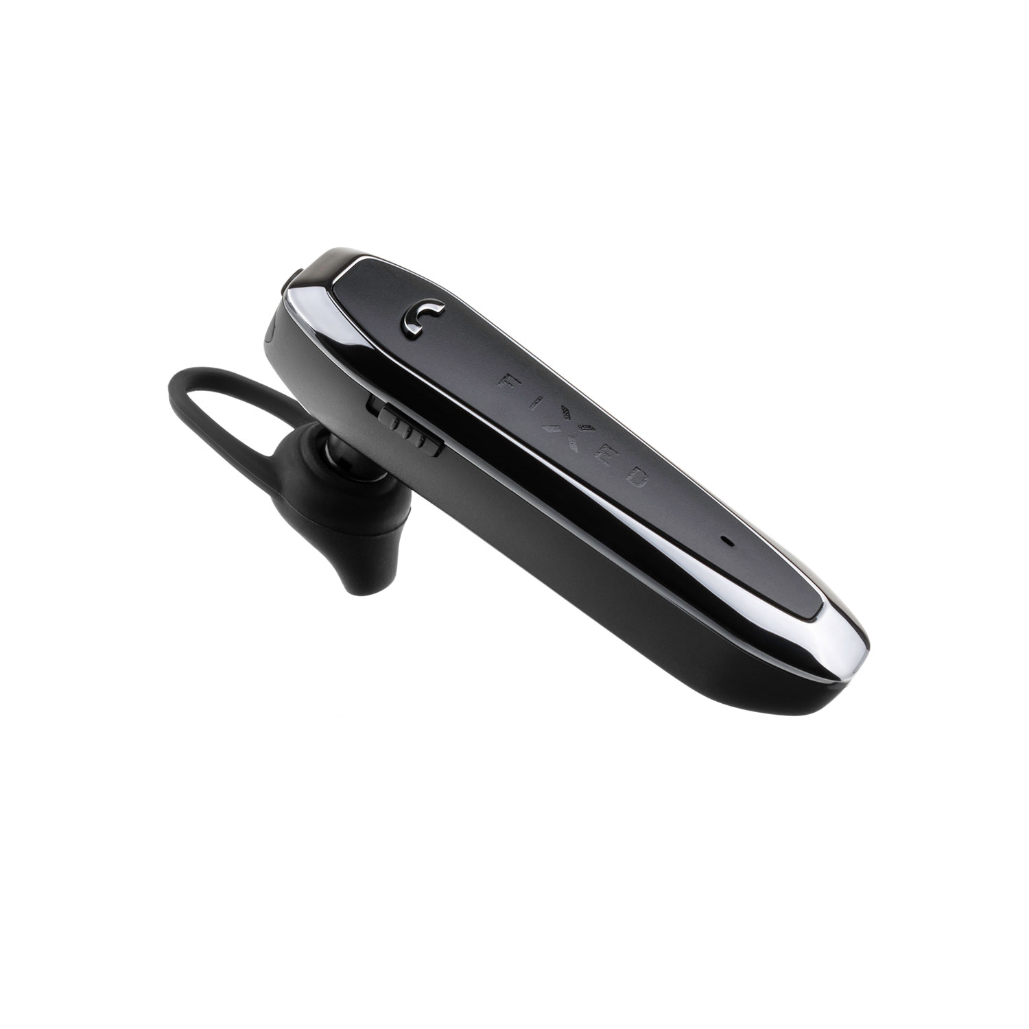 Ein schwarzes Bluetooth-Headset mit glänzenden Kanten und einem Ohrbügel auf weißem Hintergrund.