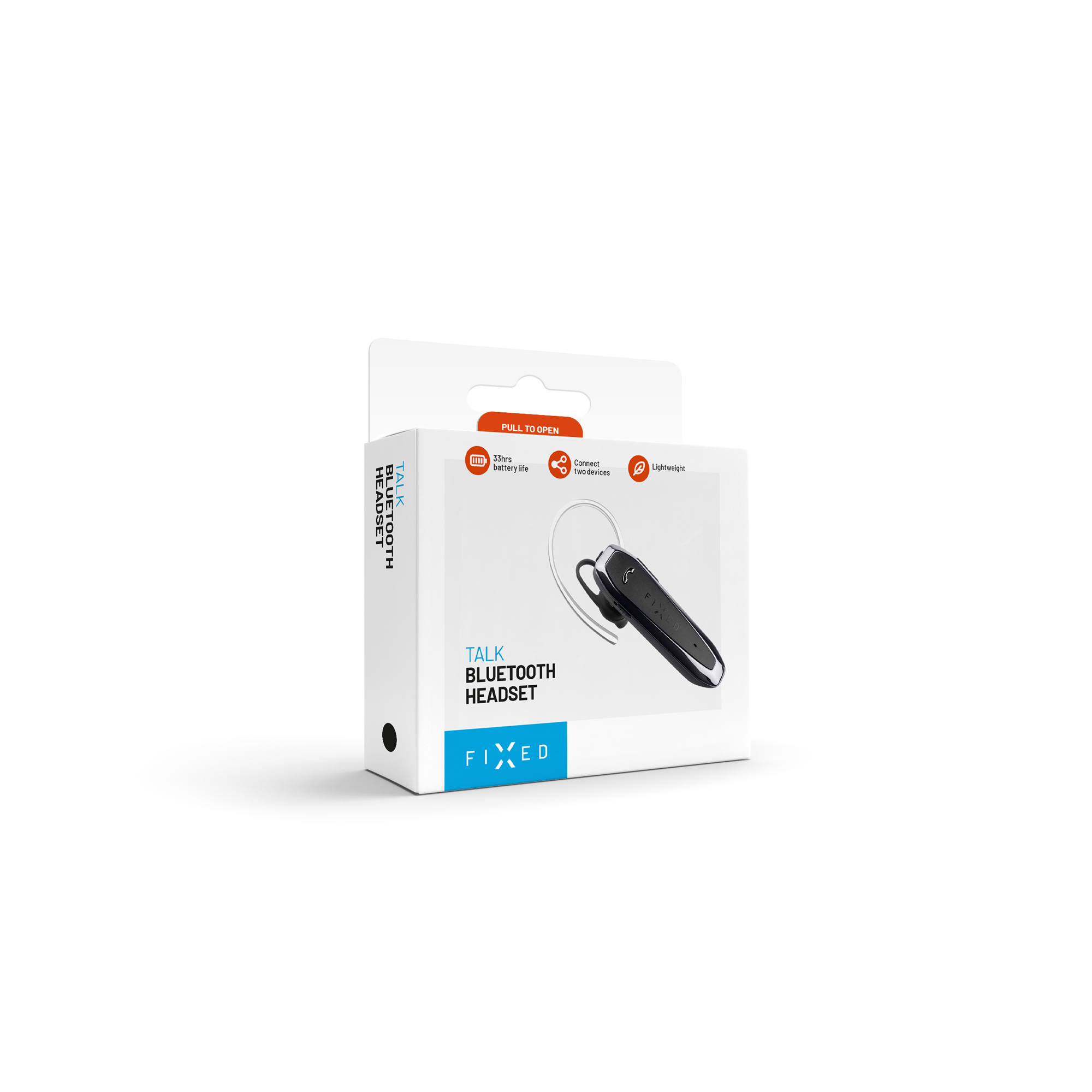 Weiße Produktverpackung für ein schwarzes Fixed Talk Bluetooth-Headset auf weißem Hintergrund.