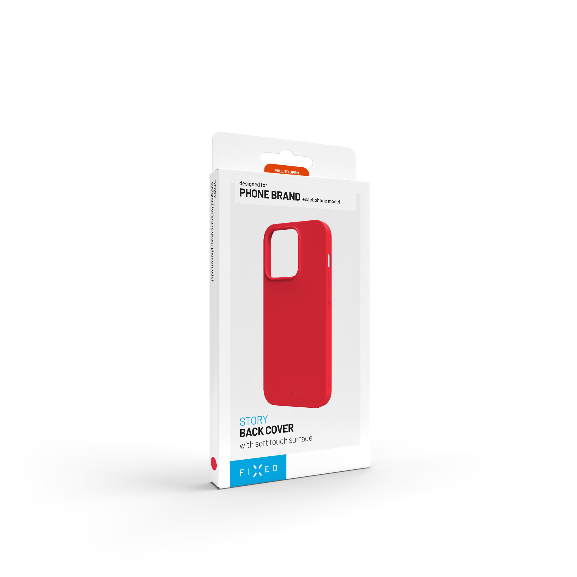 Eine weiße Produktverpackung zeigt eine rote Handyhülle mit der Aufschrift STORY BACK COVER und FIXED.