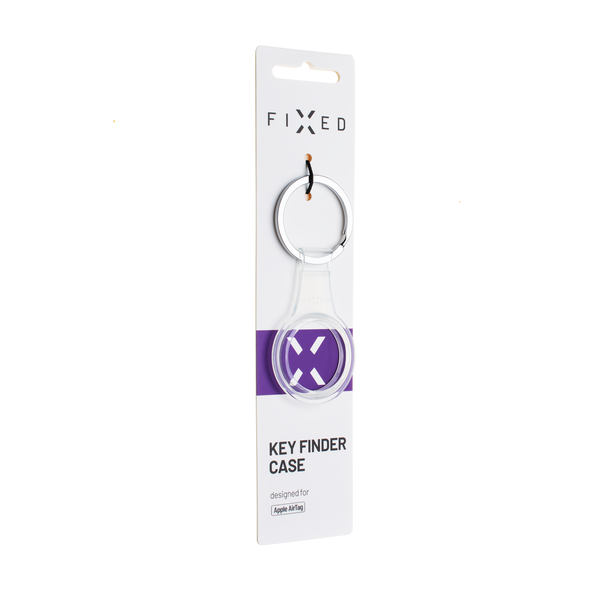 Eine weiße Verpackung für ein FIXED Key Finder Case für Apple AirTag mit silbernem Ring.