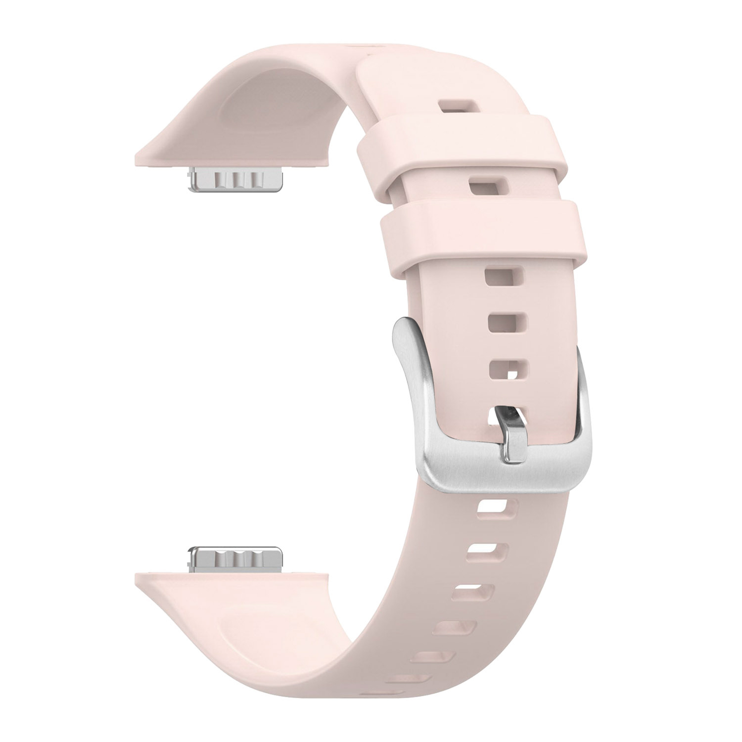 Ein hellrosa Silikon-Uhrenarmband mit einer silbernen Schnalle vor weißem Hintergrund.