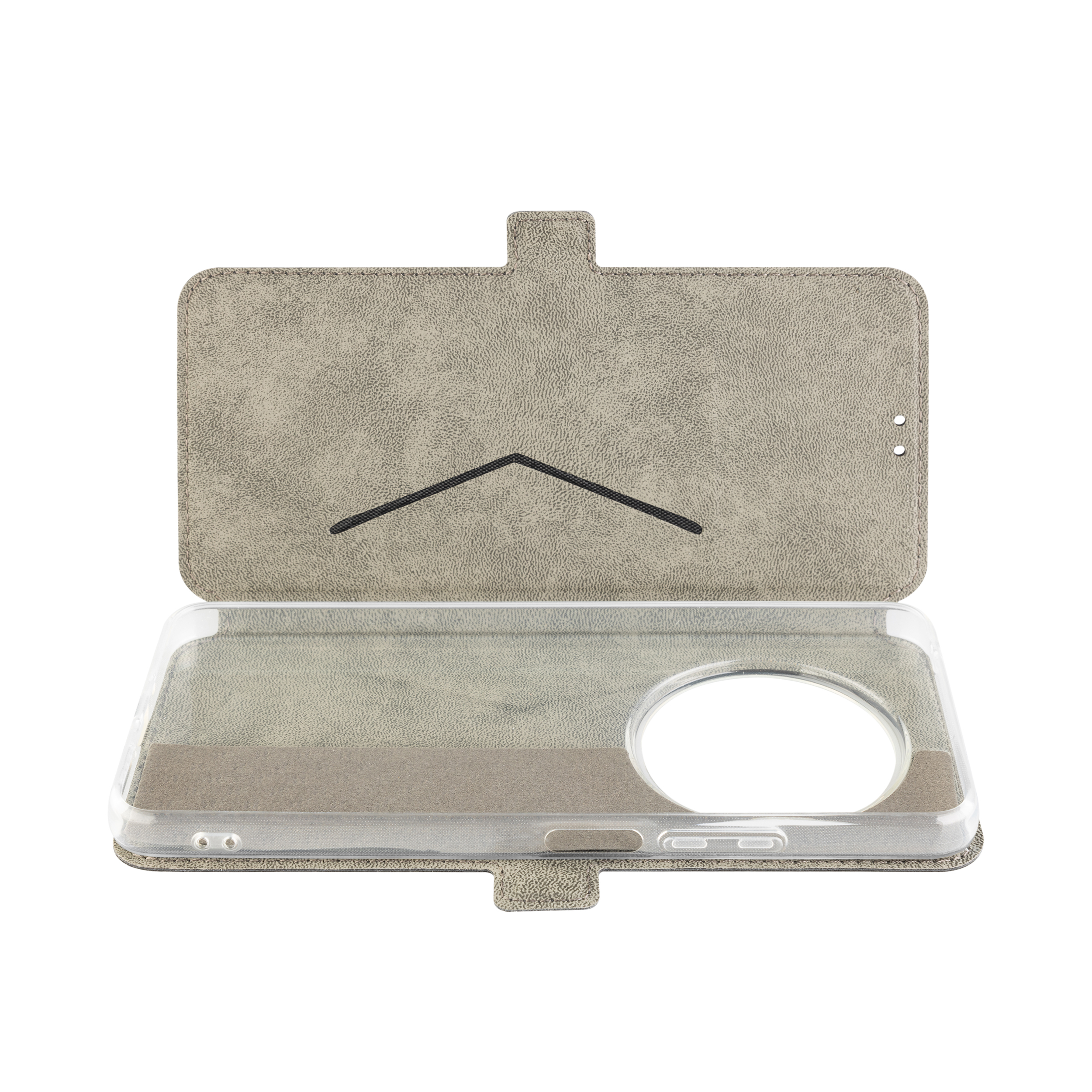 Graue Handy-Klapphülle mit transparenter Silikonschale und Kartenfach.