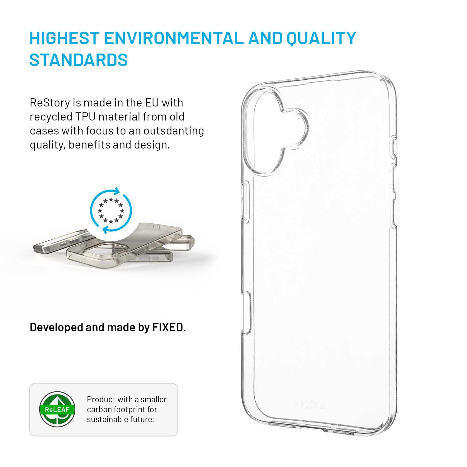 Transparente Handyhülle aus recyceltem TPU mit Beschreibung auf weißem Hintergrund.