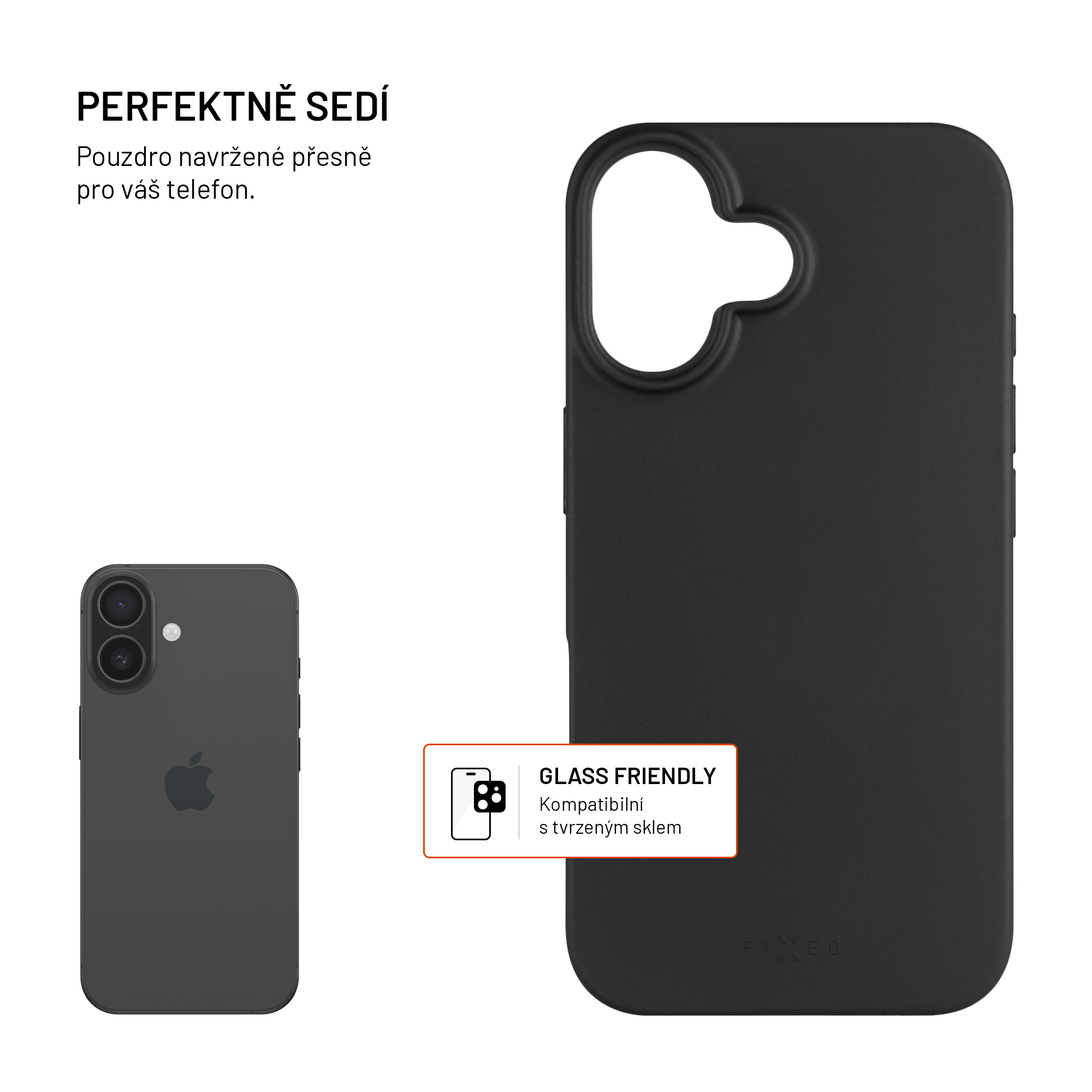 Schwarze Handyhülle mit passenden Ausschnitten, ein Smartphone und ein Glass-Friendly-Symbol.