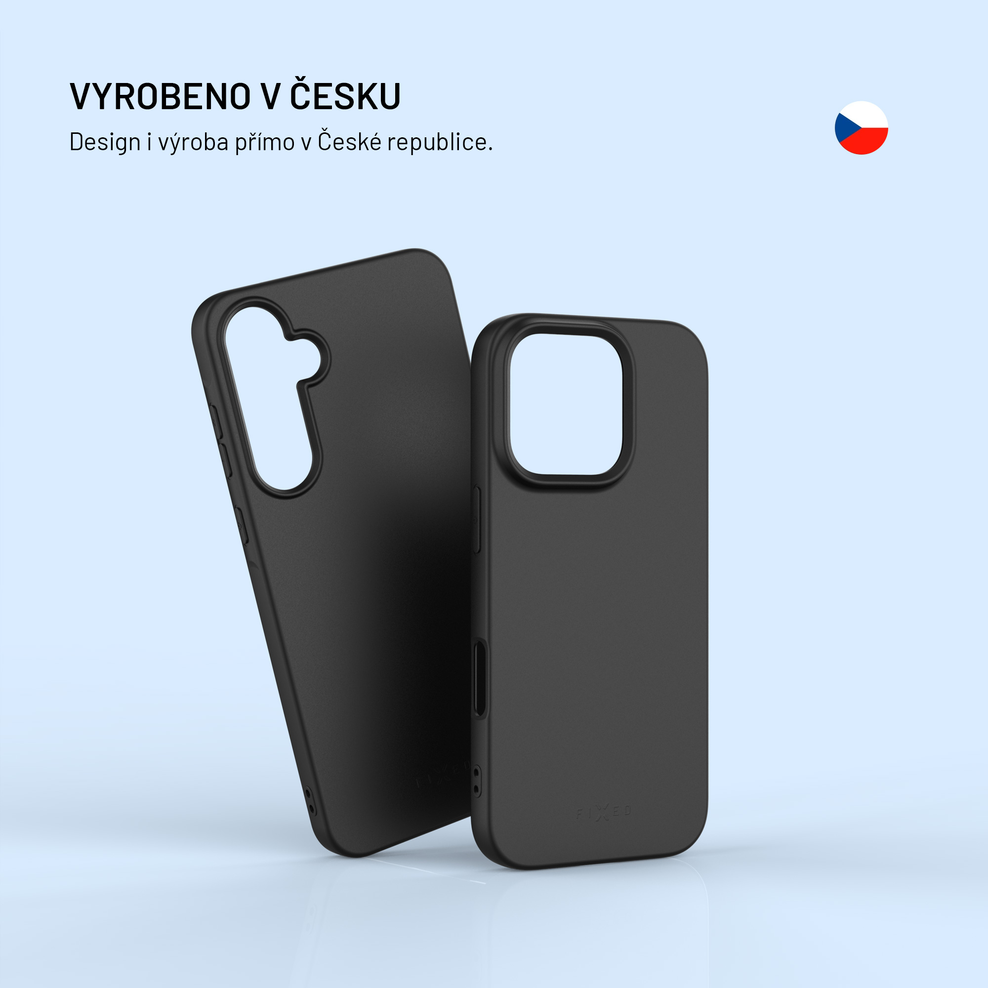Zwei schwarze Schutzhüllen für Smartphones auf hellem Hintergrund mit tschechischer Flagge und Aufschrift.