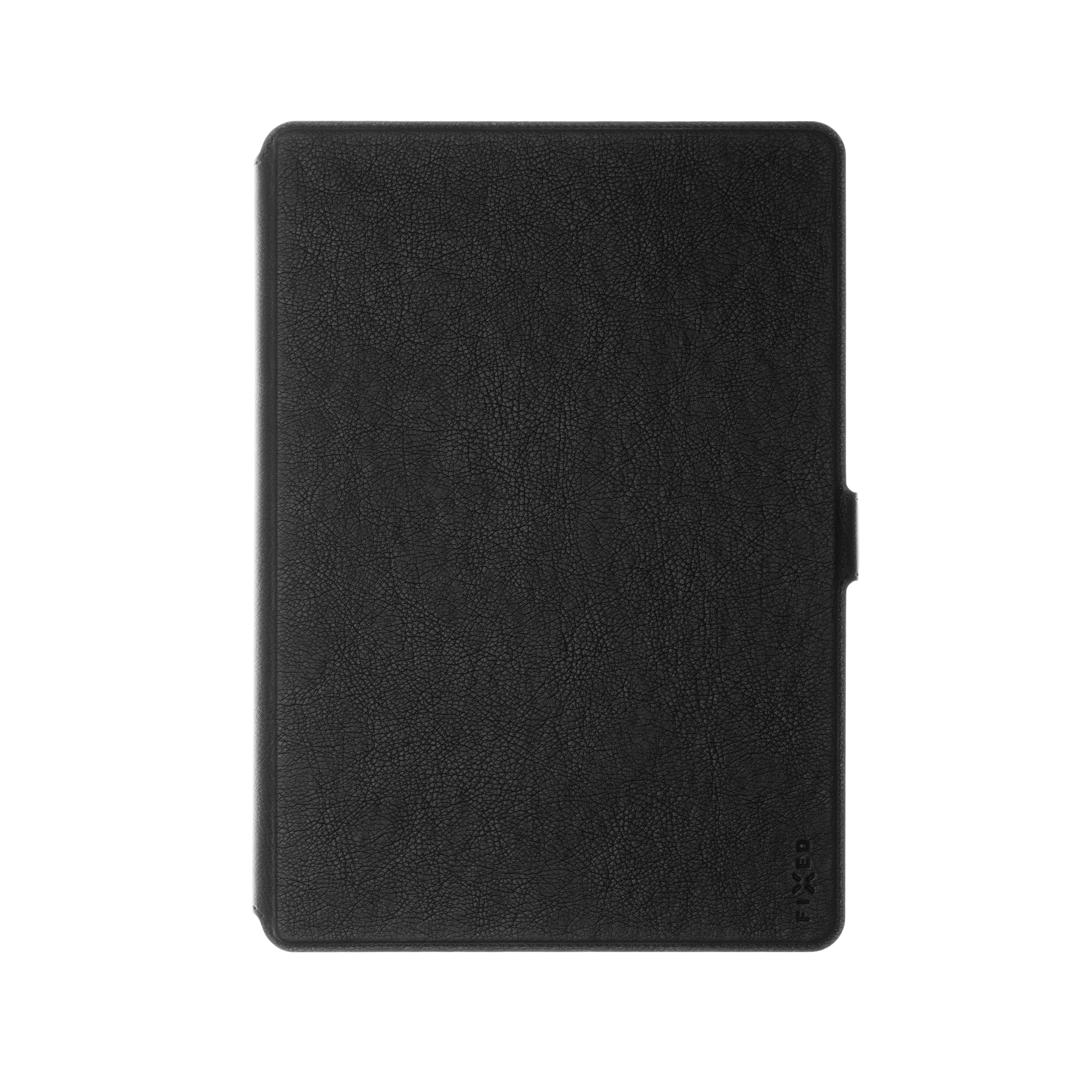 Eine schwarze, geschlossene Tablet-Hülle mit Lederstruktur und leichtem Markenlogo unten rechts auf weißem Hintergrund.