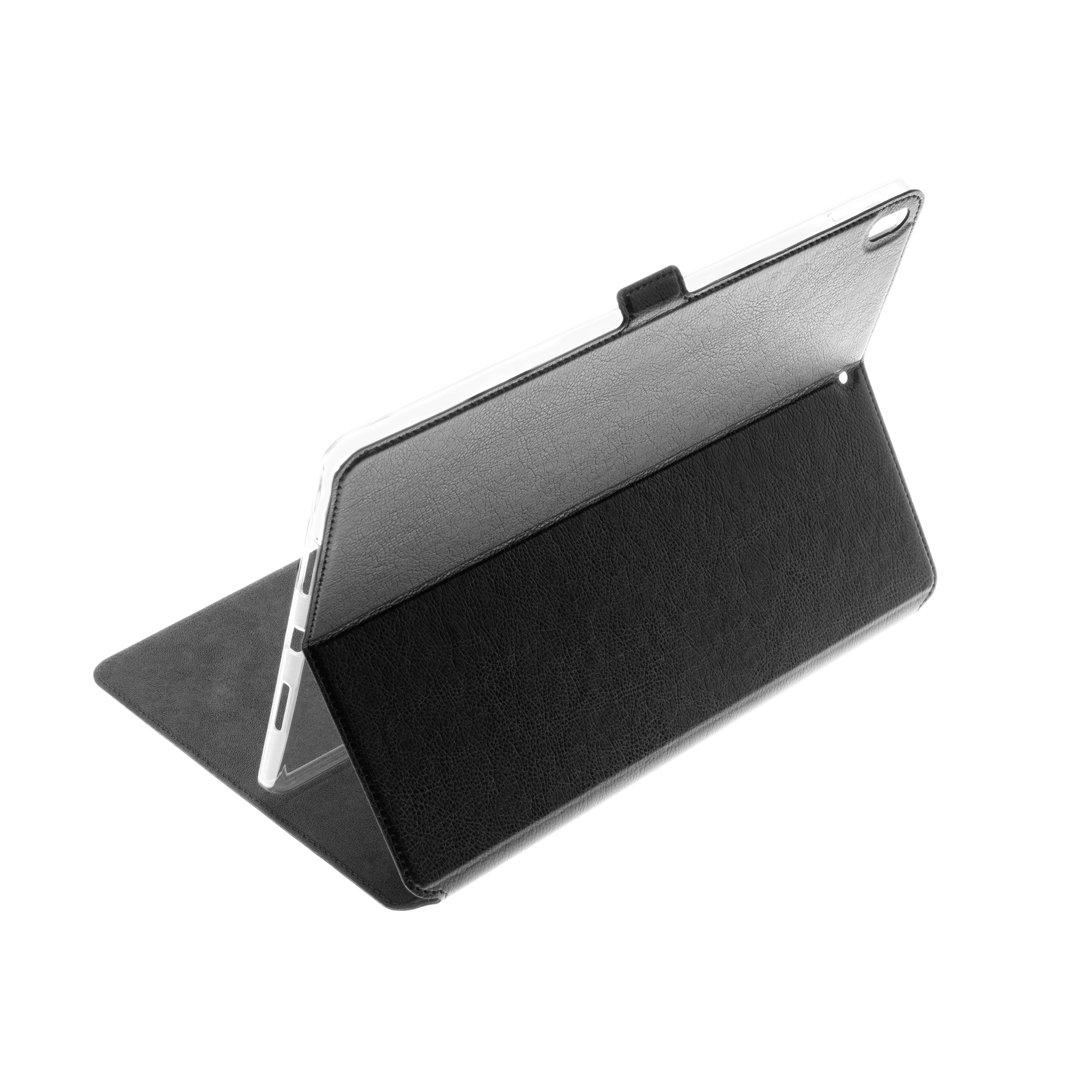 Ein schwarzes Tablet-Etui steht geöffnet auf einer weißen Oberfläche und hält ein weißes Tablet.