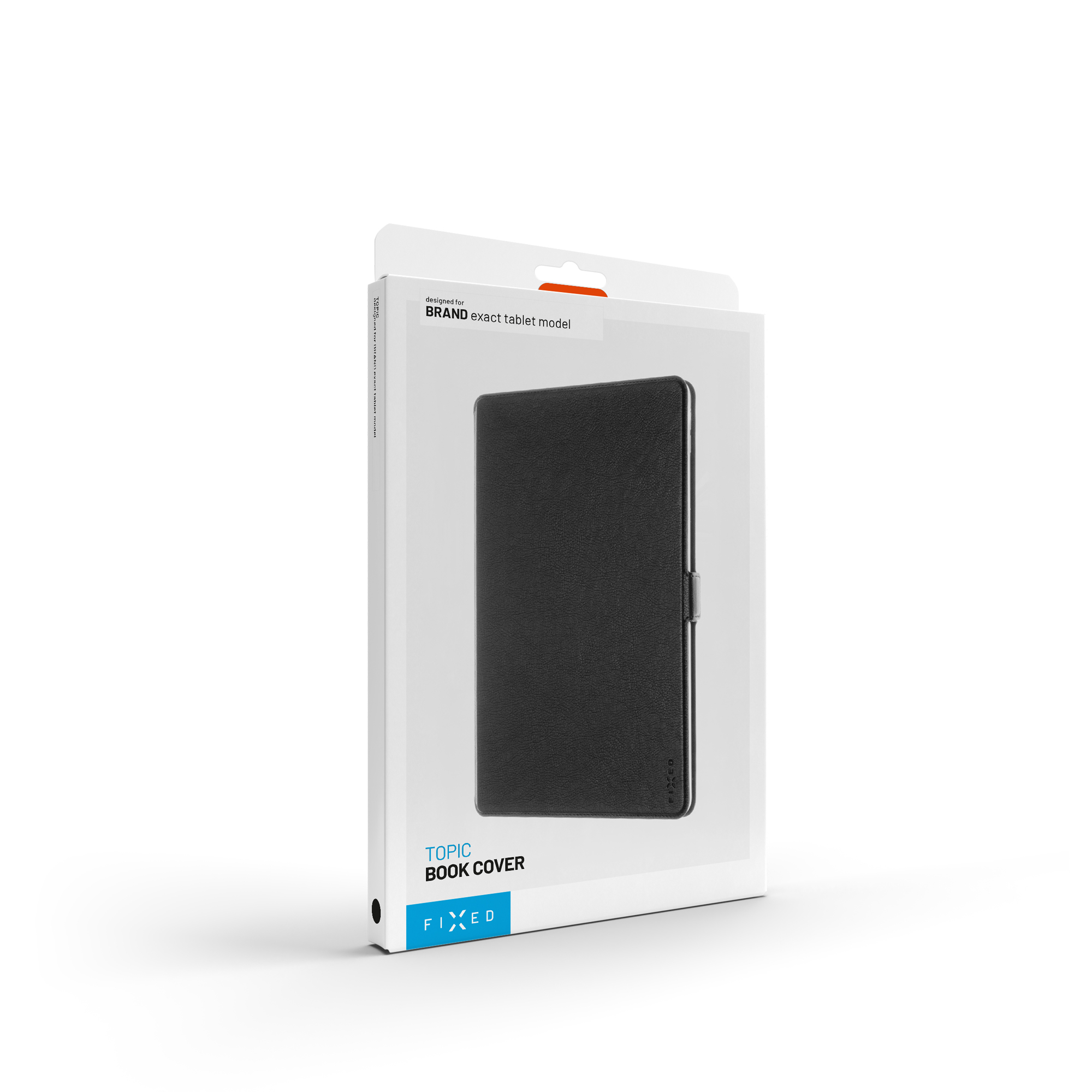 Eine weiße Verkaufsschachtel für eine schwarze Tablet-Hülle mit Produktabbildung auf der Vorderseite.