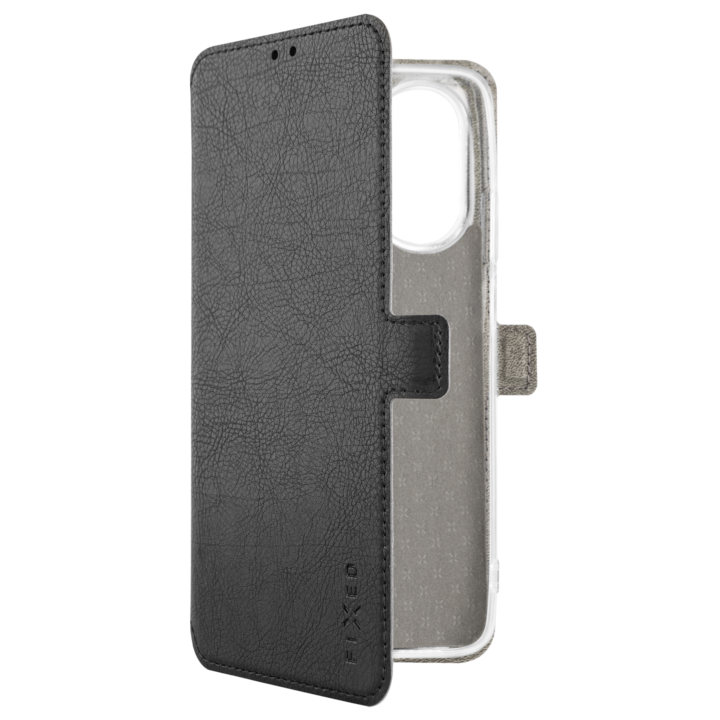 Schwarze Leder-Klapphülle für Smartphone mit offener Vorderseite auf weißem Hintergrund.