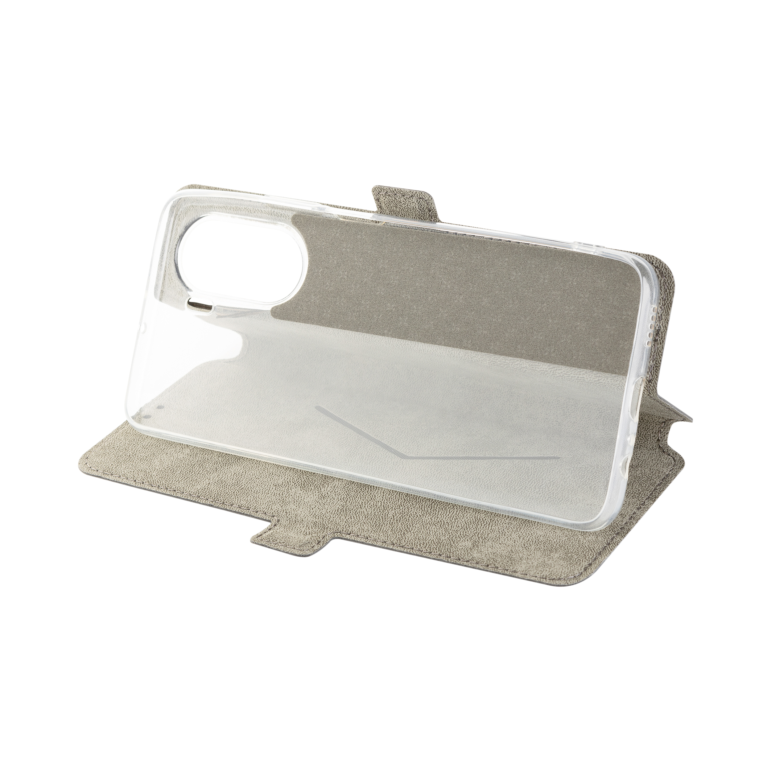 Graue Flip-Handyhülle aus Leder mit transparenter Schutzschale gegen weißen Hintergrund.