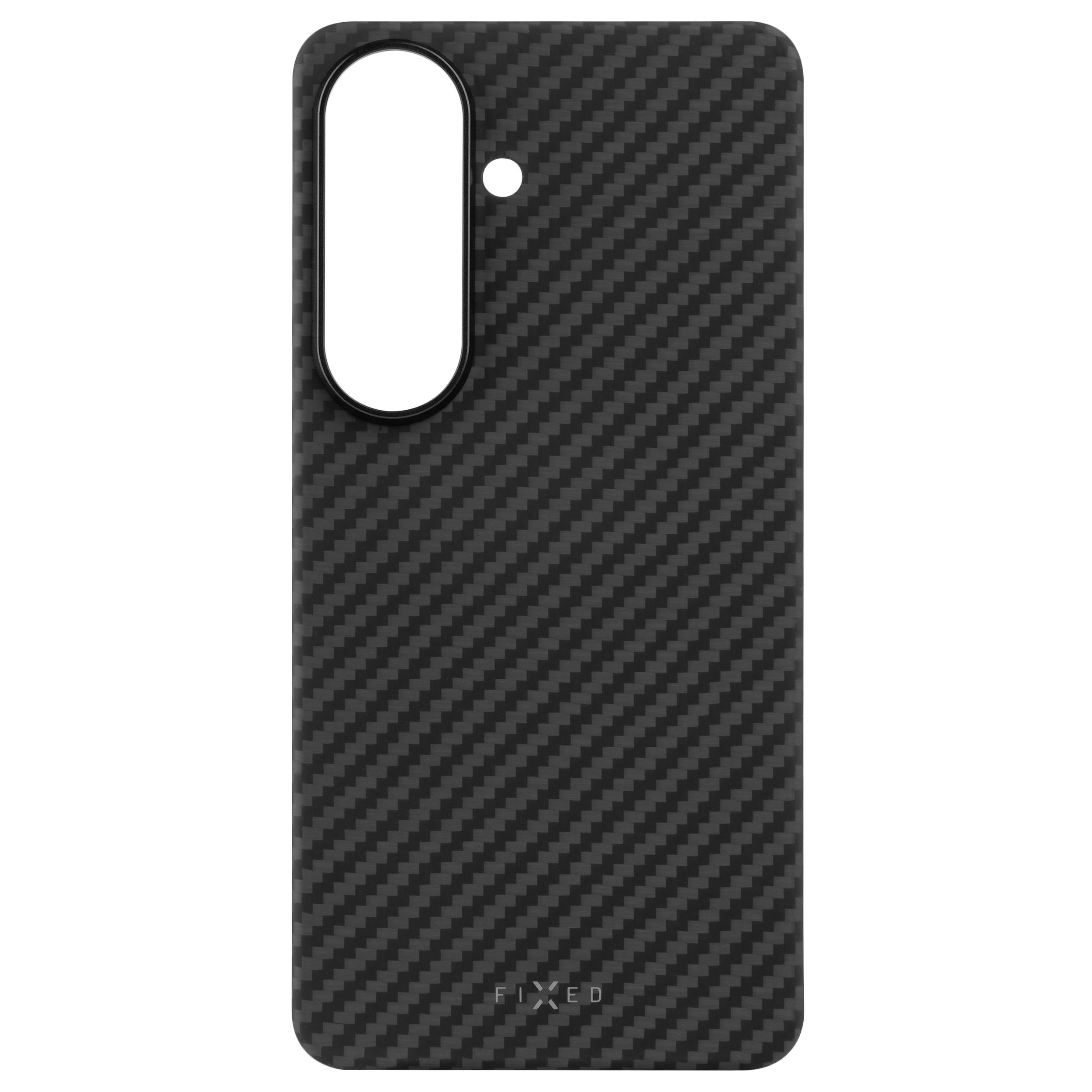 Schwarze Carbon-Schutzhülle für Smartphones mit Kameraausschnitt und FIXD-Logo.