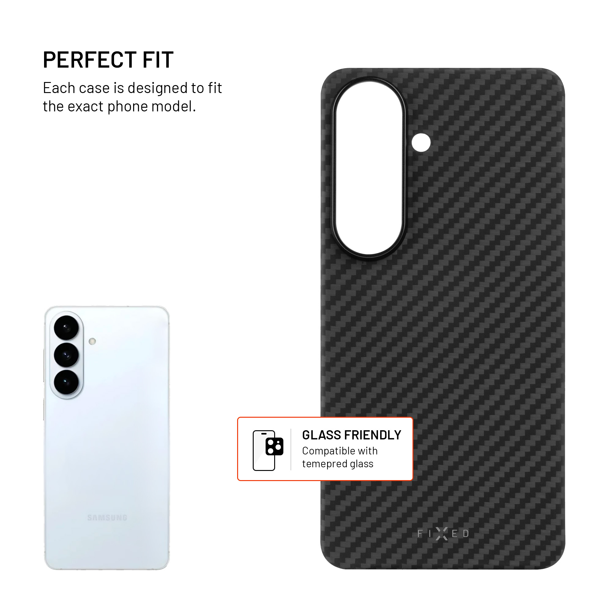Carbon-Handyhülle mit präziser Aussparung für Kamera und Text 'Perfekt Fit'.